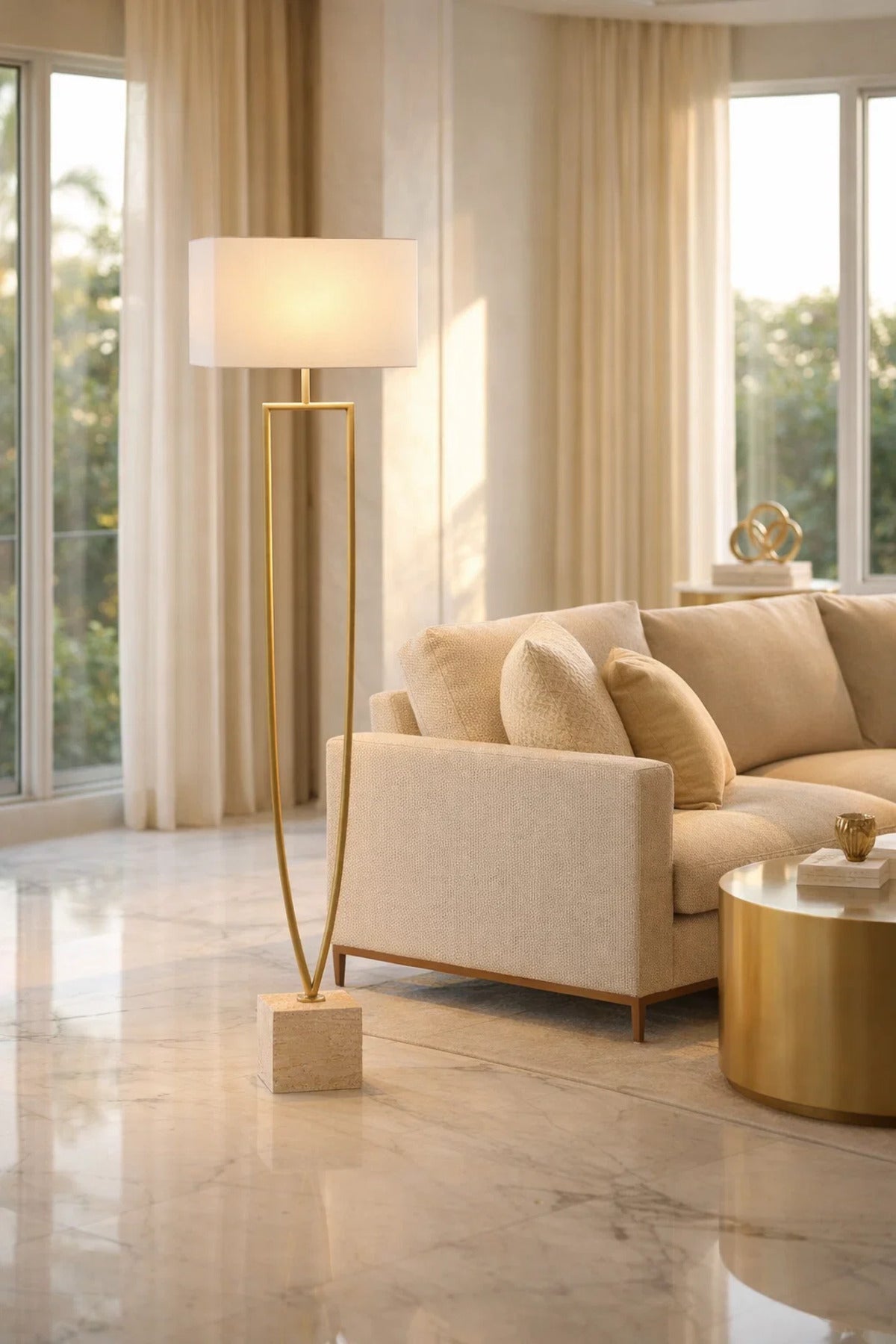 Modern Gold Floor Lamp with Fabric Shade and Stone Base for Living Room