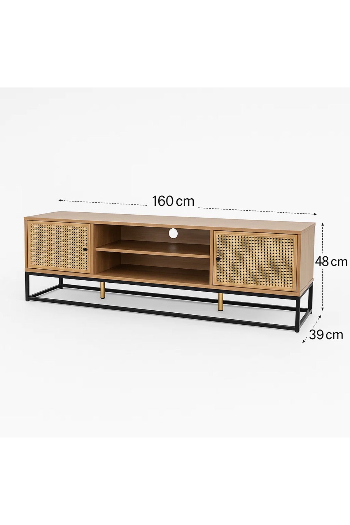 Natural Wood TV Stand with Woven Rattan Doors and Metal Frame Ð 160x39x48cm Media Console