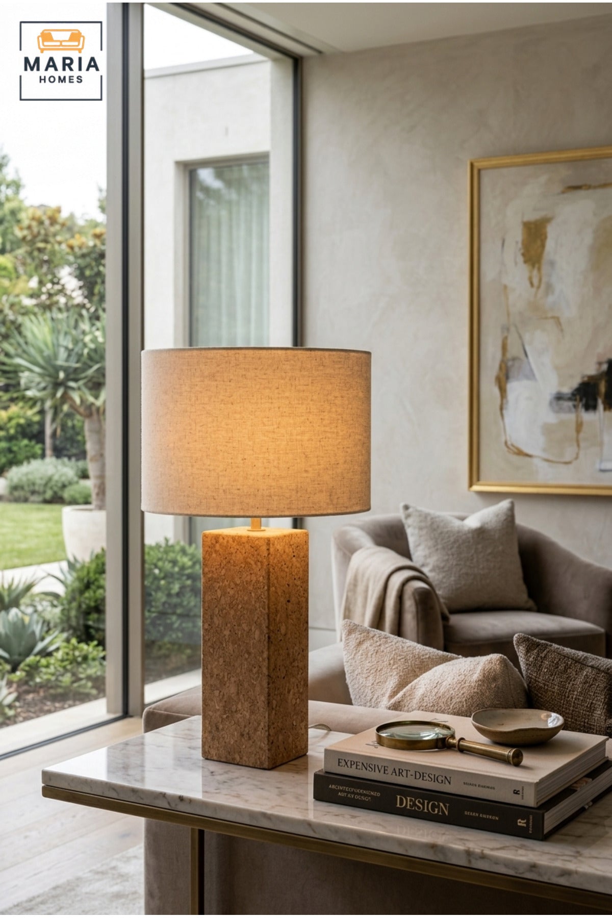 Modern Cork Table Lamp with Beige Drum Fabric Shade and Slim Rectangular Textured Base for Bedroom, Living Room, Office, Hotel and Bedside Décor
