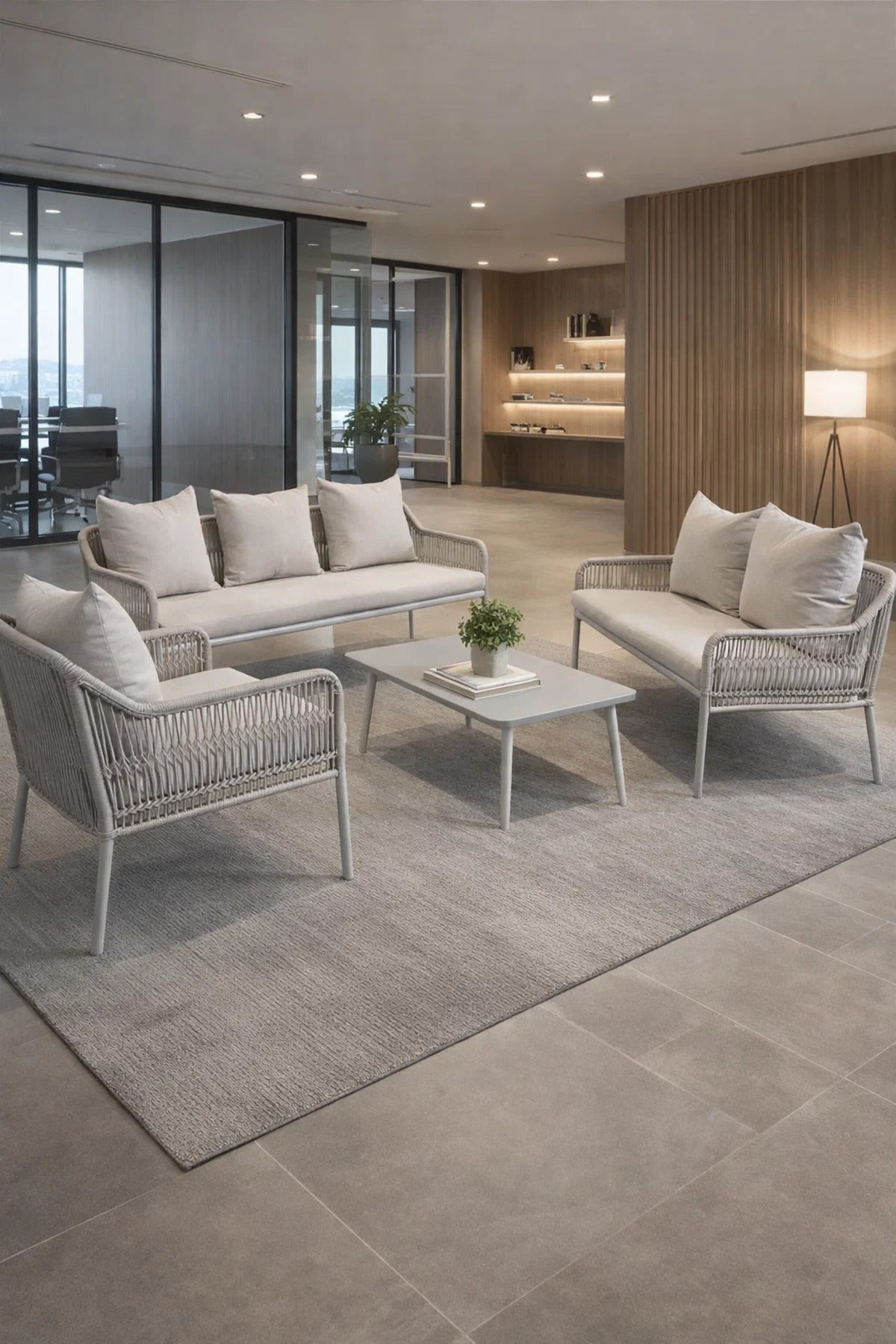Elegant 7-Piece White and Beige Outdoor Sofa Set with Coffee Table √ê Modern Seating for Any Space