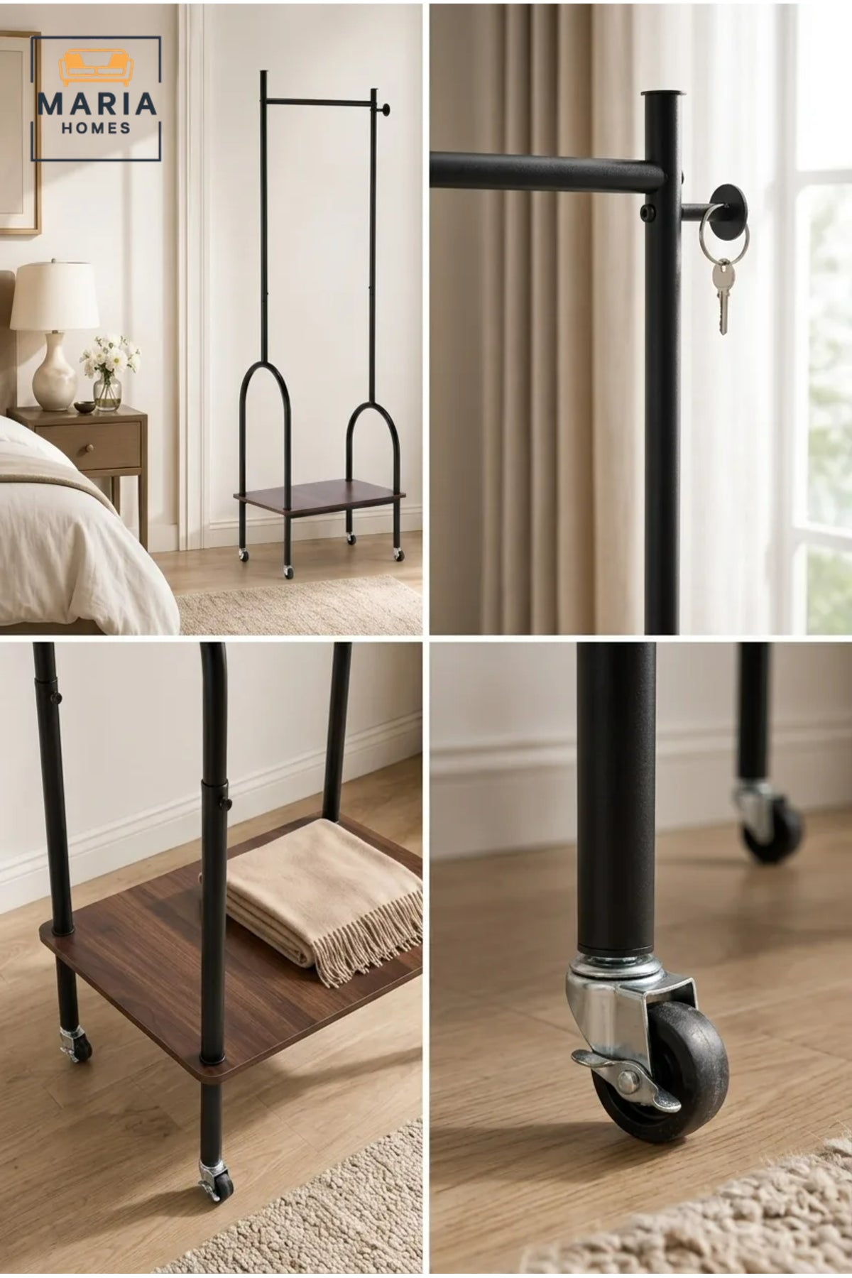 Industrial Rolling Garment Rack with Wooden Shelf and Wheels √ê Modern Clothing Organizer & Coat Stand