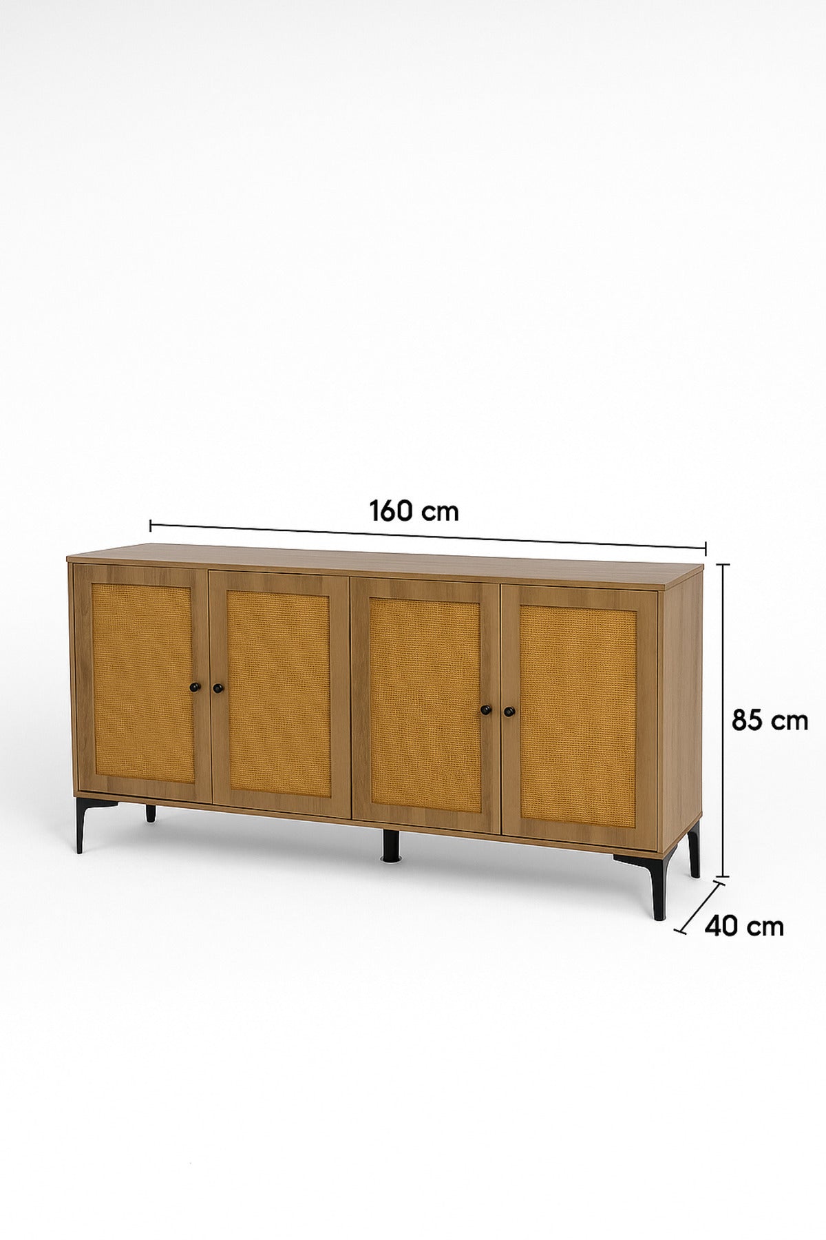 Brown Rattan Console Table 160_40_85 cm Ð Modern Wooden 4-Door Storage Cabinet with Black Metal Legs
