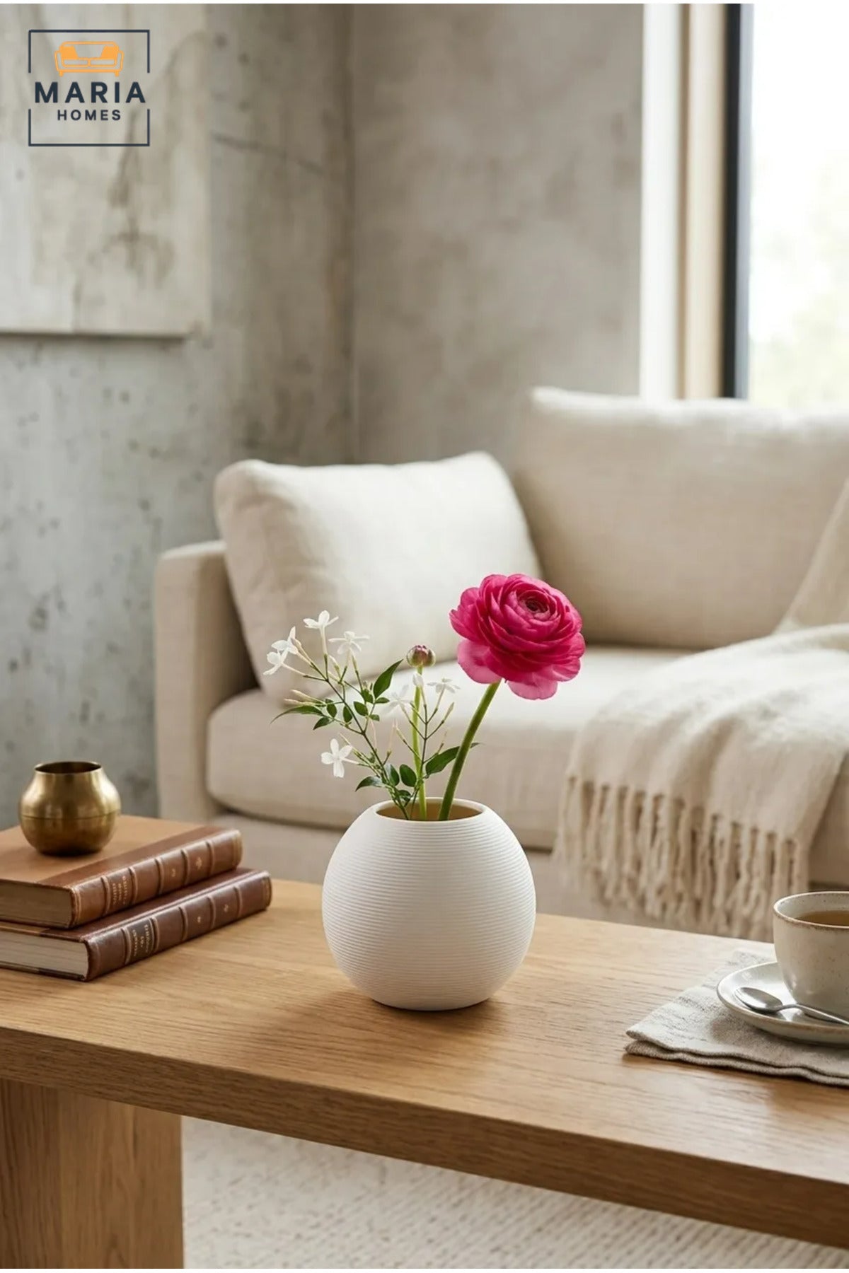 Modern Decorative Flower Vase with Round Shape, Wide Opening and Fine Ribbed Texture for Living Room, Bedroom, Office, Shelf and Console Table Décor