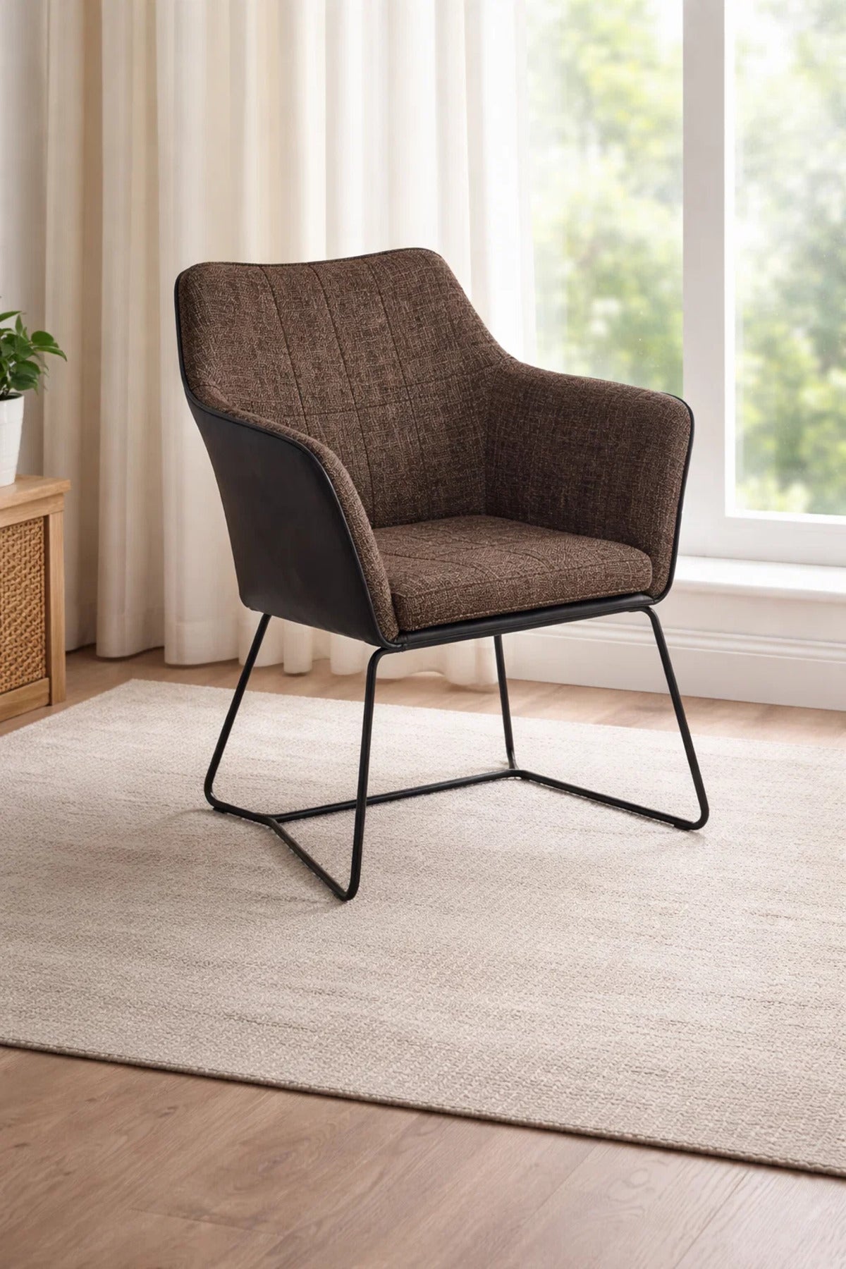 Modern Industrial Brown Fabric Dining Chair with Black Faux Leather Back and Metal Sled Base Legs