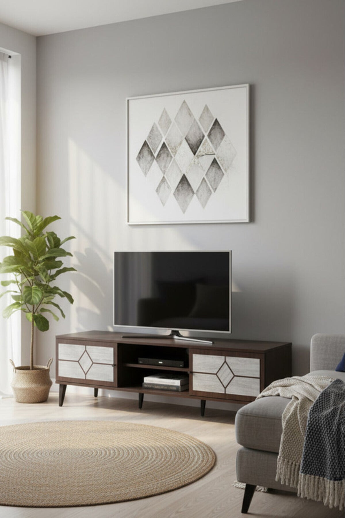 Modern Beige.G TV Table with Open Shelves & Storage Cabinets
