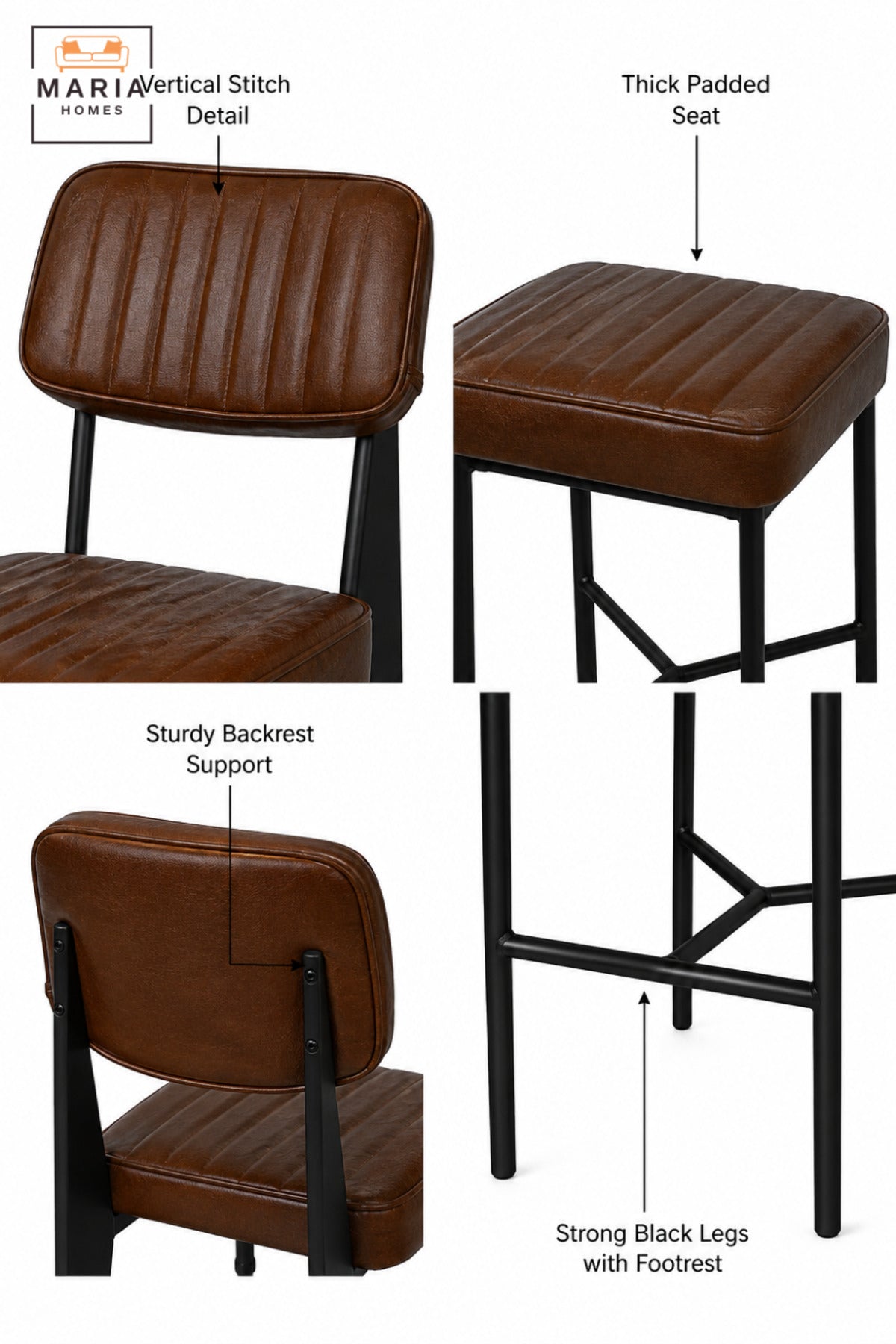 Modern Upholstered Bar Stool with Padded Ribbed Seat, Supportive Backrest and Integrated Footrest | High Kitchen Counter Chair for Café and Dining