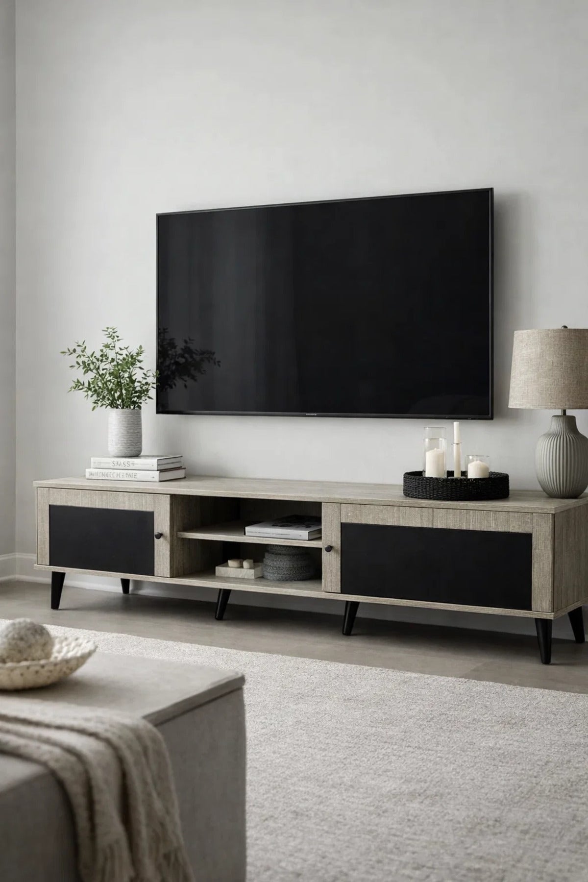 Modern Beige TV Stand Media Console with Storage Cabinet and Shelves for Living Room 160cm Width