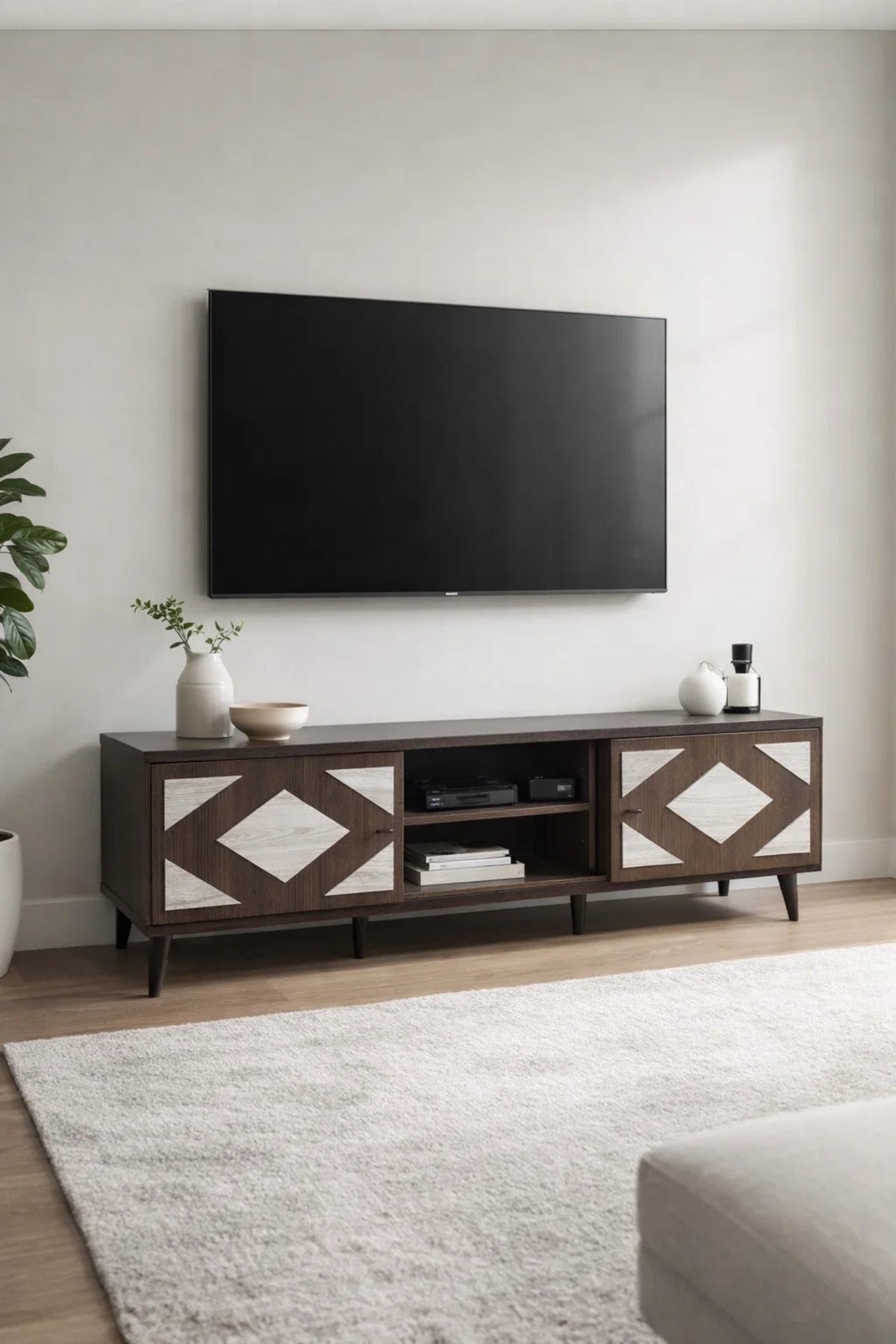 Stylish Dark Wood TV Table 160cm with Geometric Door Design and Media Storage for Living Room