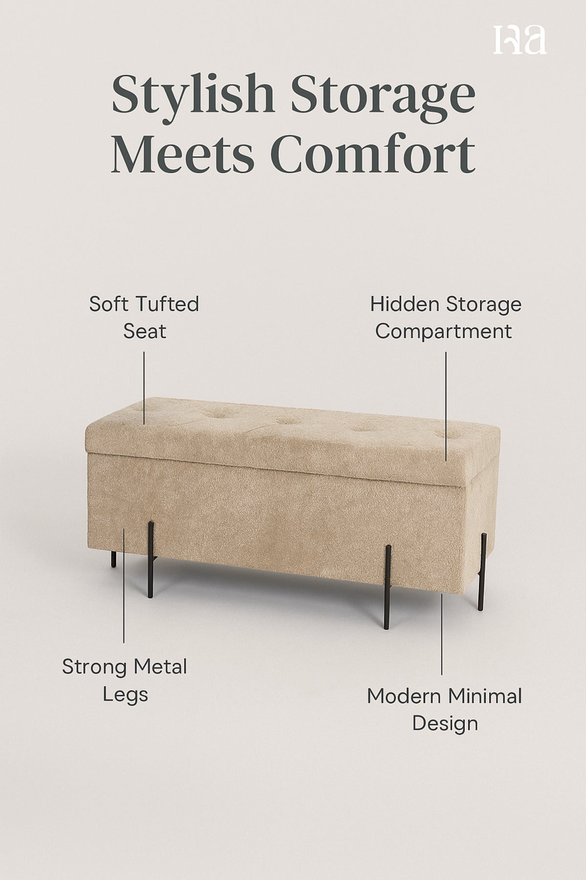 Storage Bench with Tufted Seat & Black Metal Legs Ð Modern Ottoman 110_43_49 cm
