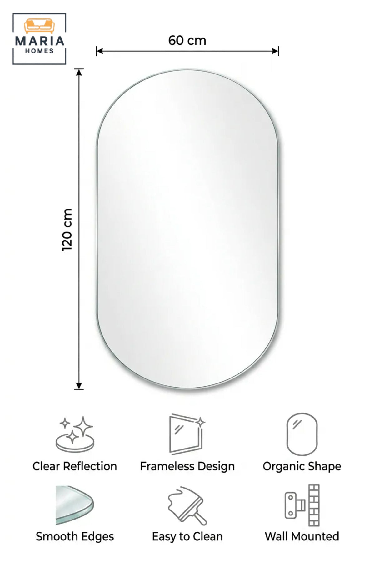 Frameless Irregular Wall Mirror 120 × 60 cm with Soft Curved Shape, Modern Decorative Mirror for Bathroom, Bedroom, Dressing Room, Hallway and Vanity