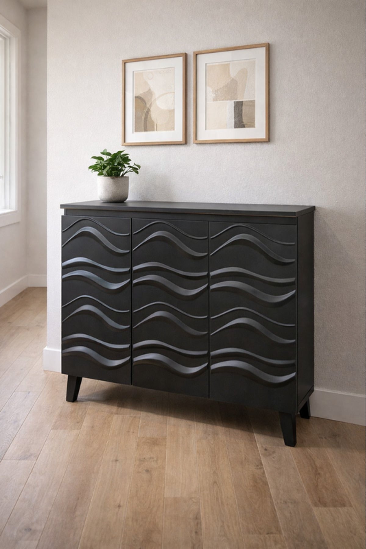 Black Shoe Storage Cabinet with Wave Design Doors 115_34_95 cm Modern Organizer black