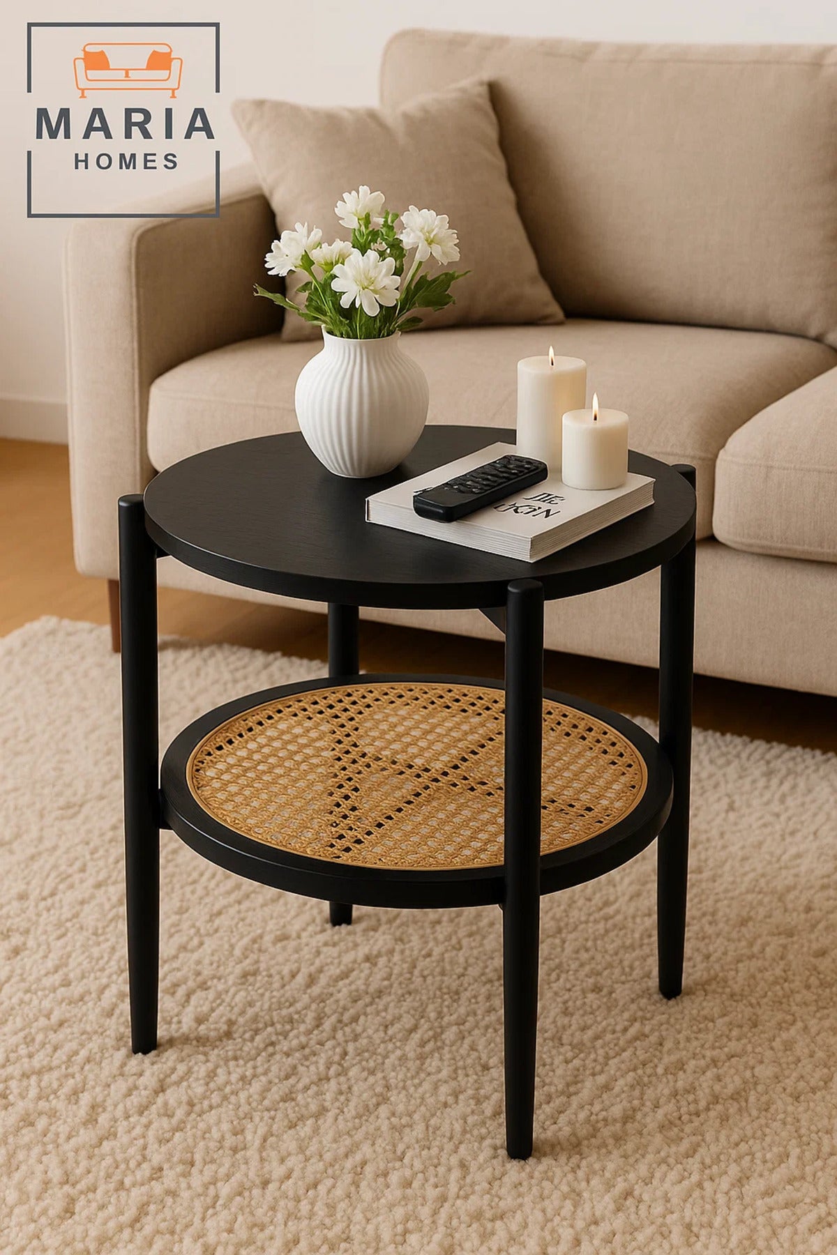 Black Round Side Table with Rattan Shelf Ð Stylish Boho Modern Accent