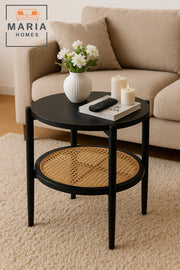 Black Round Side Table with Rattan Shelf Ð Stylish Boho Modern Accent