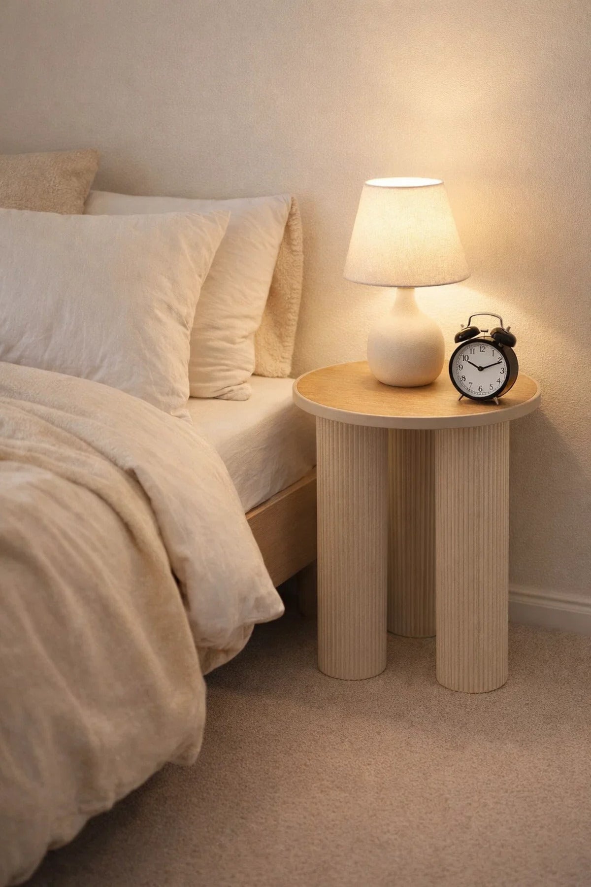 Beige Fluted Side Table with Wood Top Modern Round End Table for Home Living Room Decor