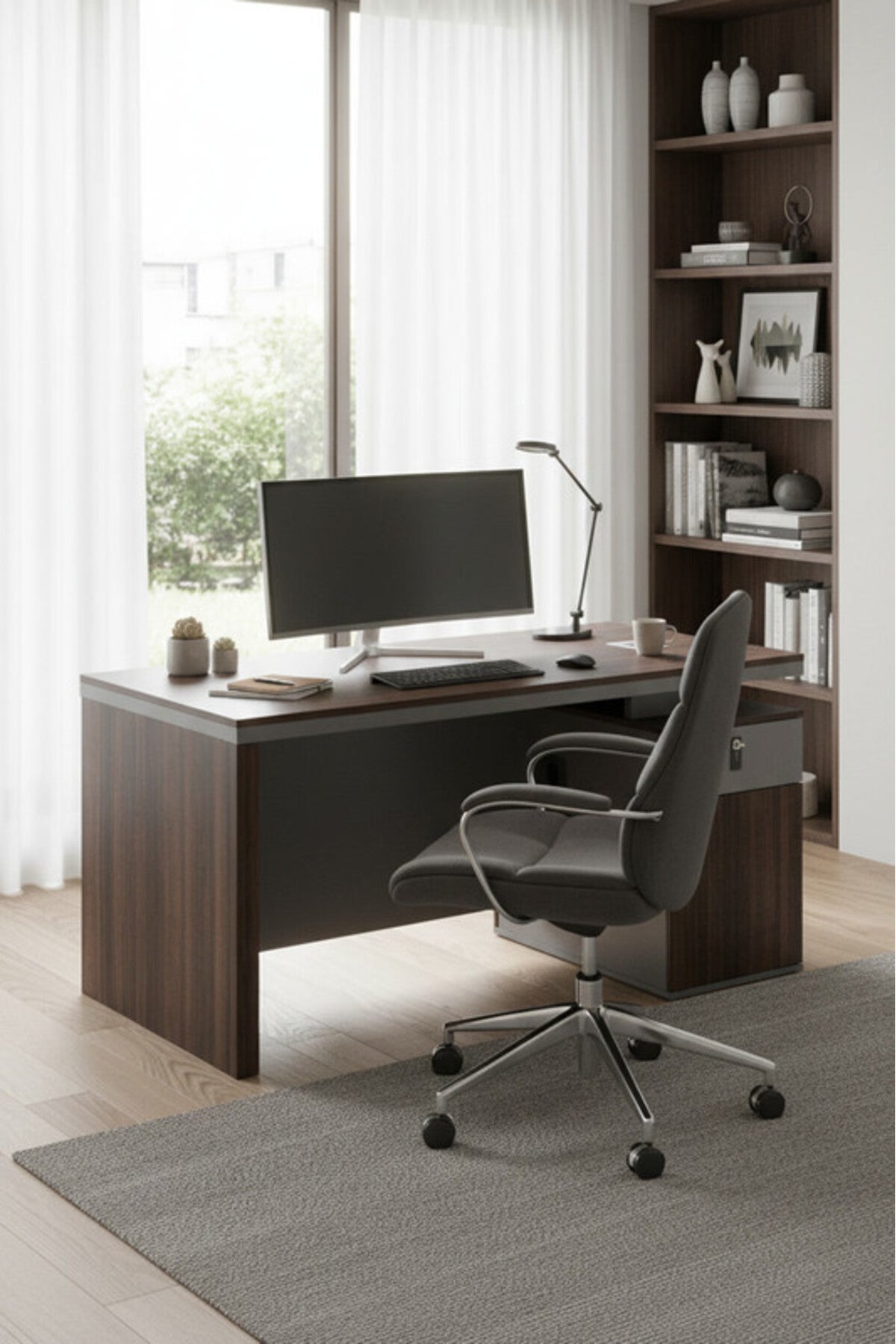 Modern Dark Brown Executive Office Desk with Storage and Cable Management