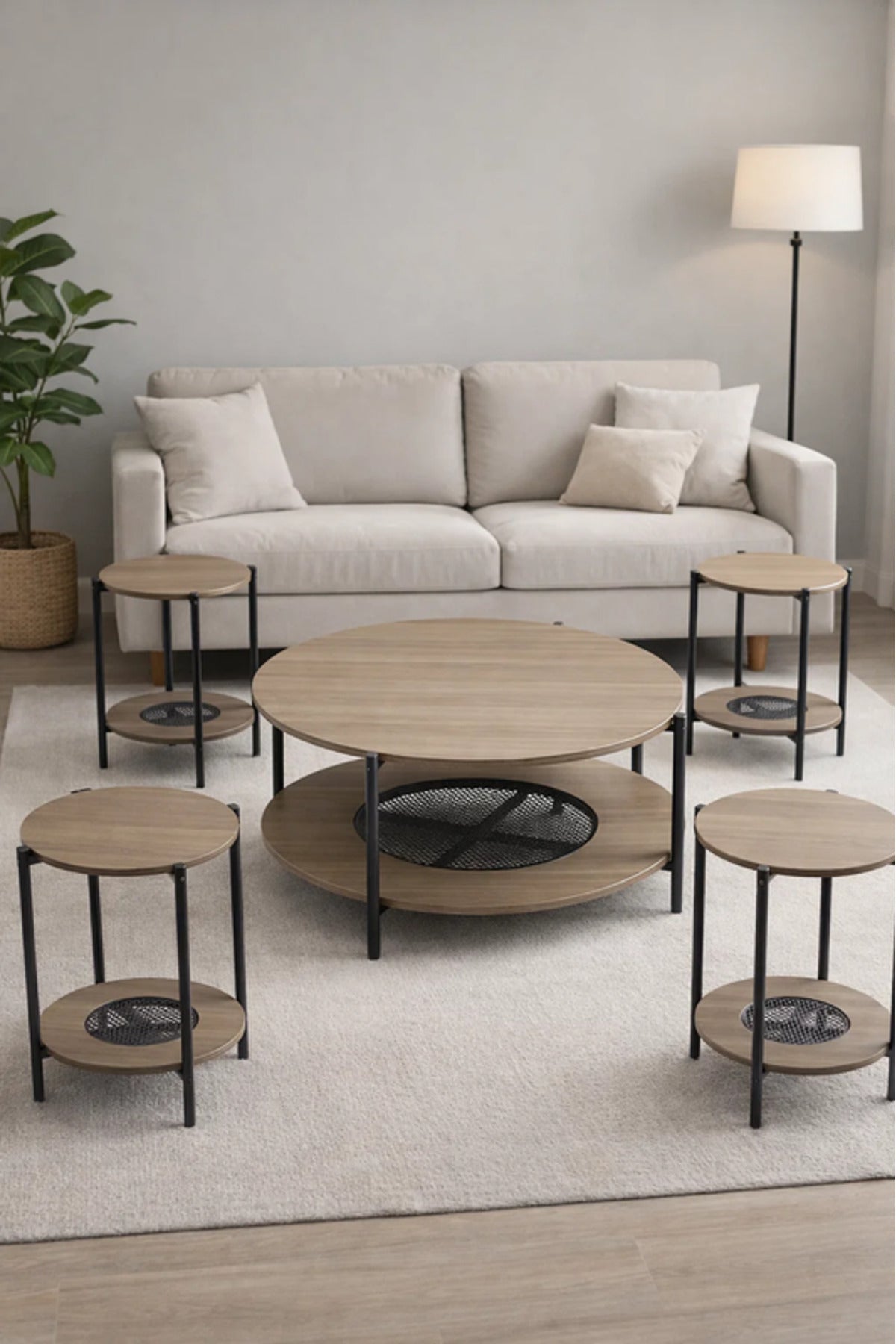 Modern 5-Piece D.GREY Concrete and Metal Coffee Table Set