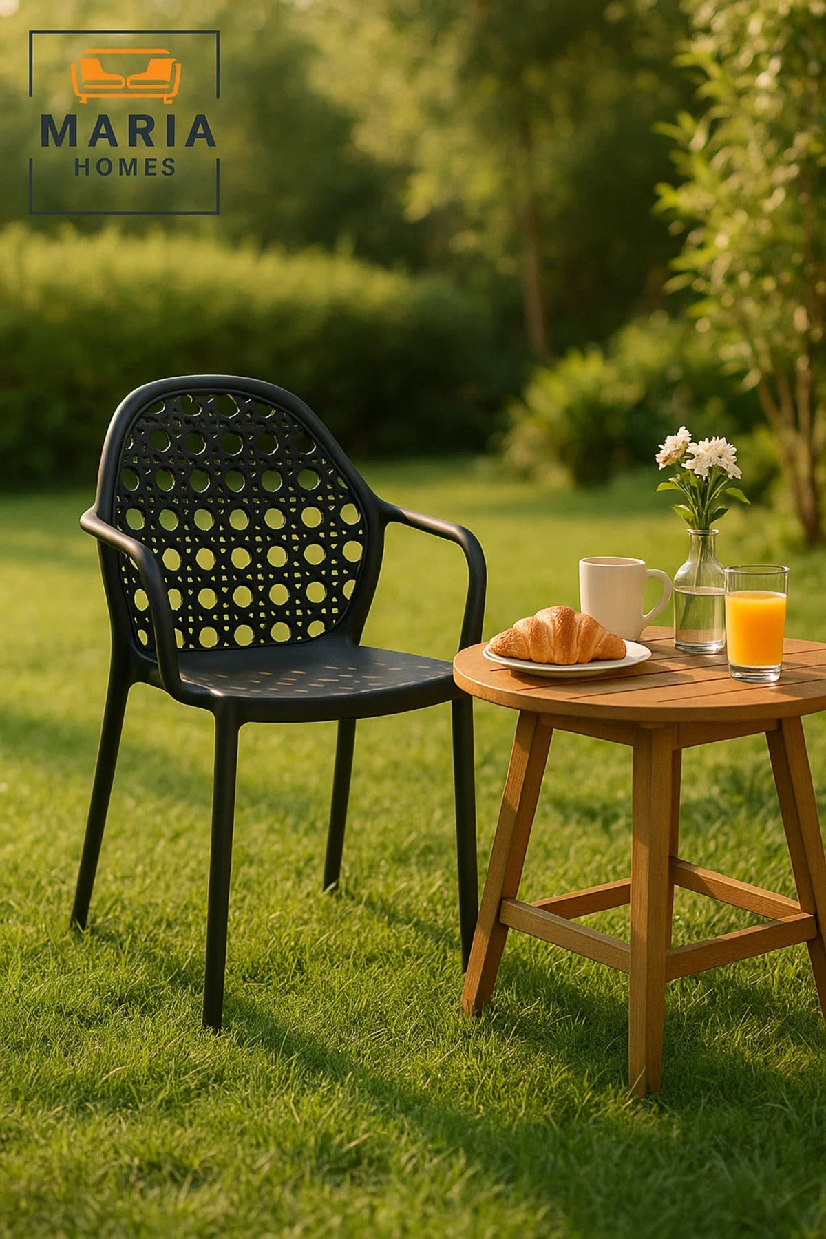 Black Rattan-Style Plastic Armchair Ð Modern Stackable Outdoor Chair with Woven Back Design