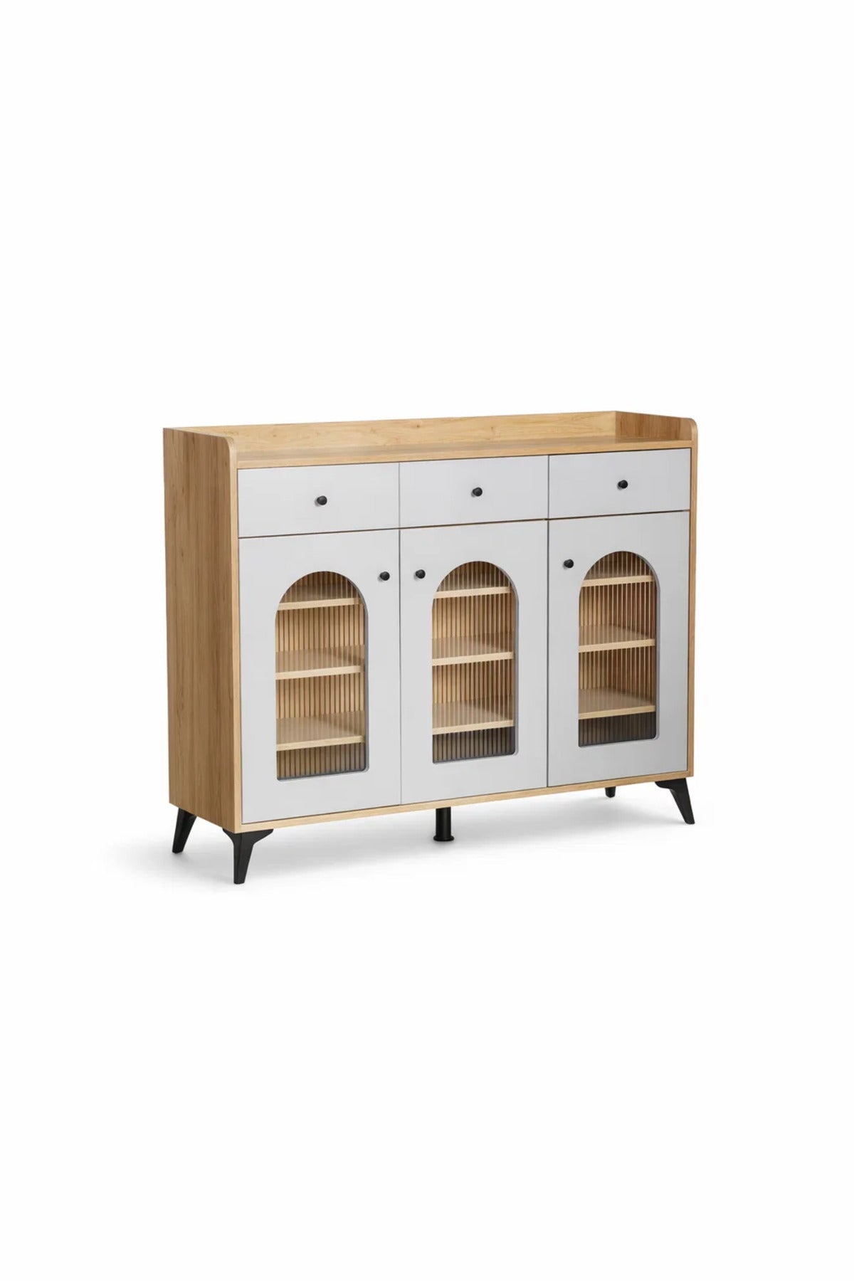 Elegant Wooden Shoe Cabinet Sideboard with Arched Glass Doors and Drawers for Hallway Storage