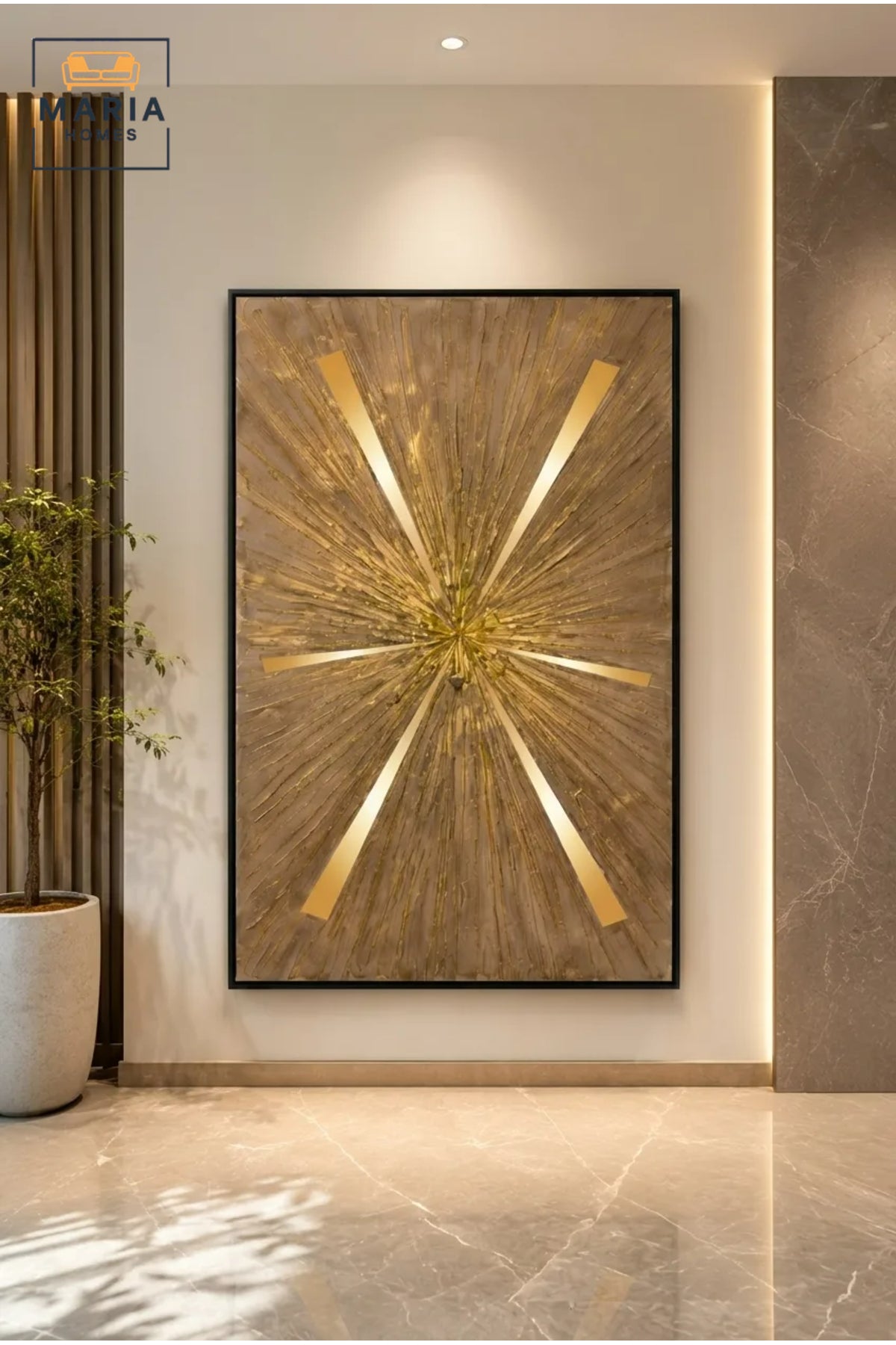 Luxury Gold Sunburst Wall Art Panel Ð Modern Abstract Metallic Texture Artwork with Black Frame