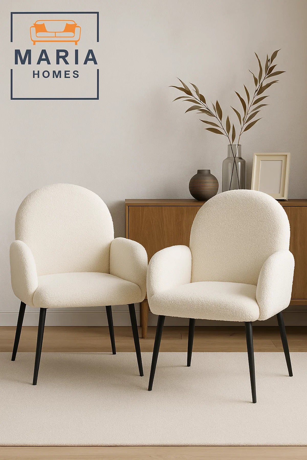 White BouclŽ Accent Armchair Ð Cozy Upholstered Lounge Chair with Black Legs for Home or Office