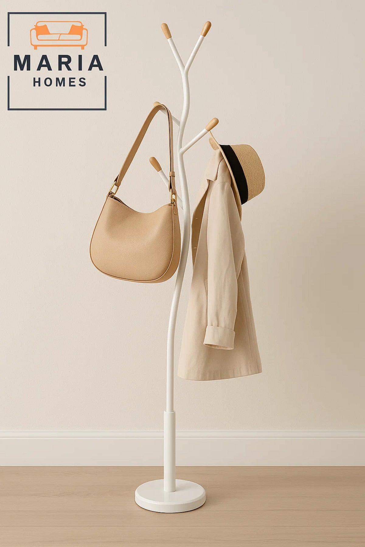 Curved Tree-Inspired White Metal Coat Rack with Wood-Tip Hooks