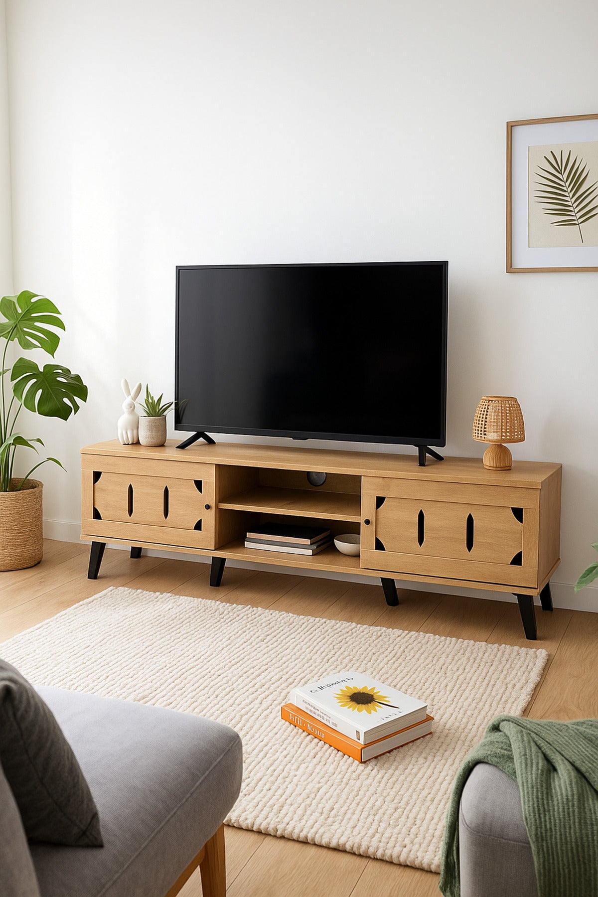 Light Brown Wooden TV Stand 180_40_44 cm Ð Modern TV Unit with Cutout Design Doors and Open Shelves