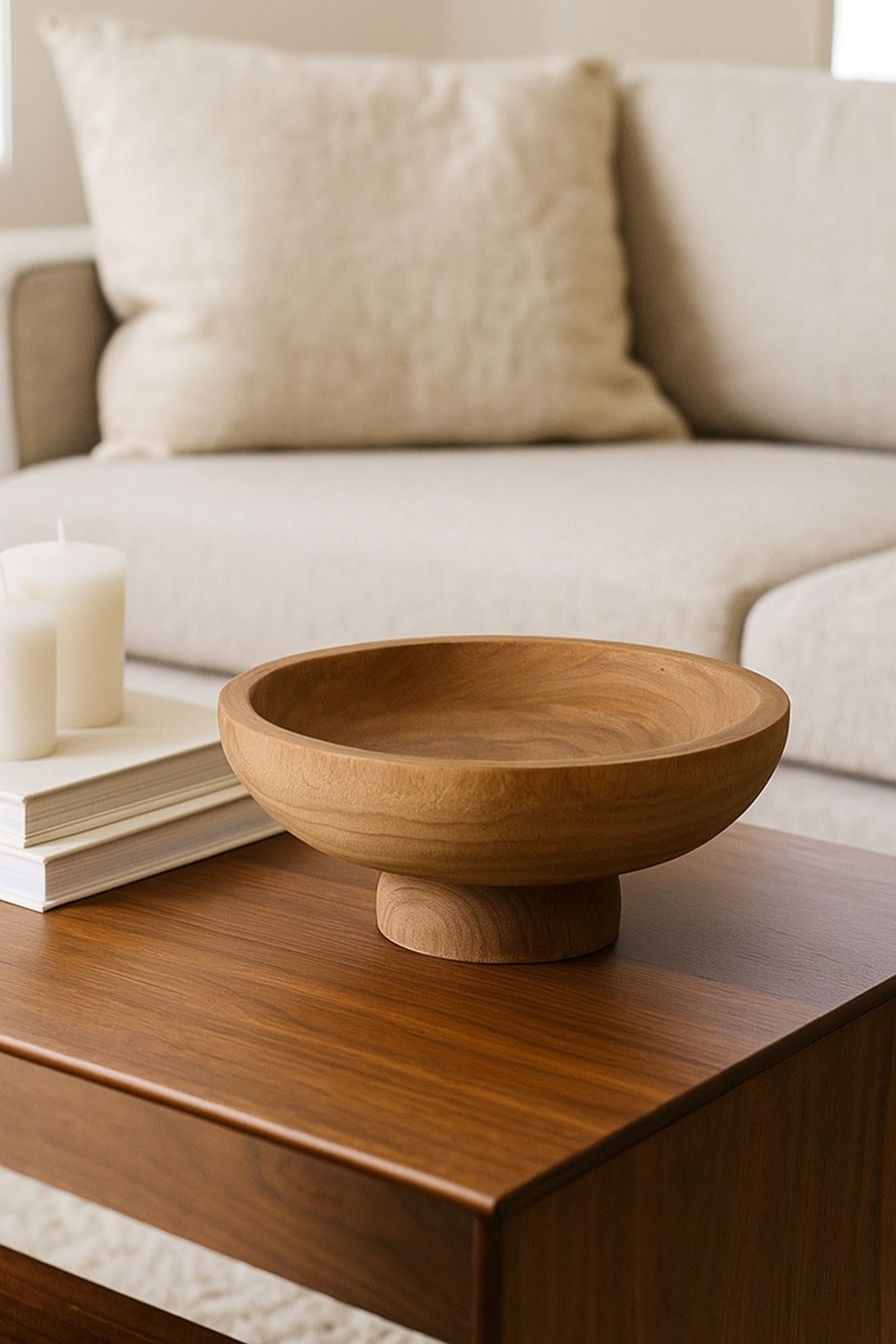 Walnut Wooden Decorative Bowl with Pedestal Base Ð Modern Centerpiece