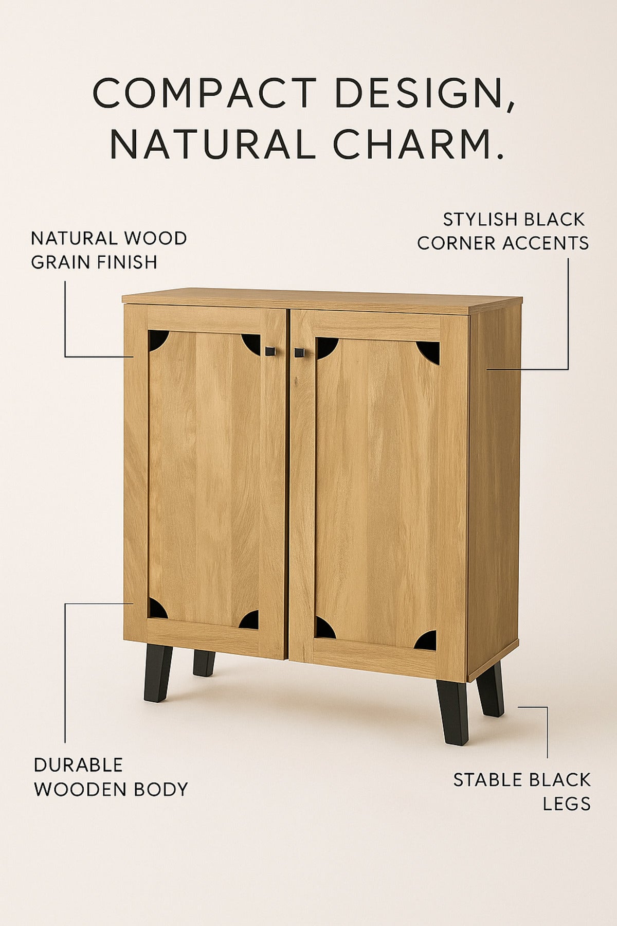 Light Brown Wooden Storage Cabinet 80_32_94 cm Ð Modern 2-Door Cupboard with Black Legs