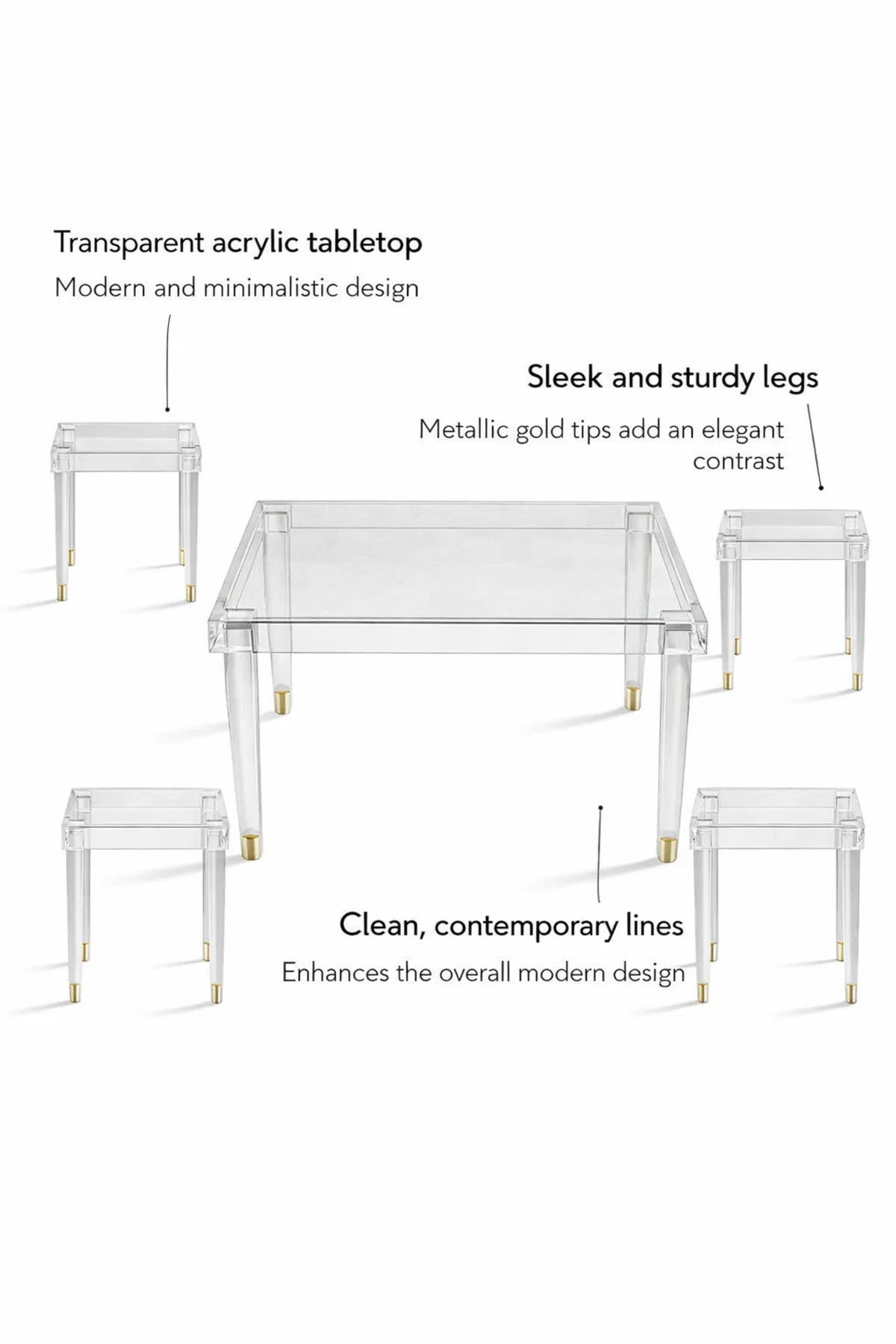 Modern Clear Acrylic Console Table Set 1+4 Square Coffee & Side Tables for Luxury Living Room
