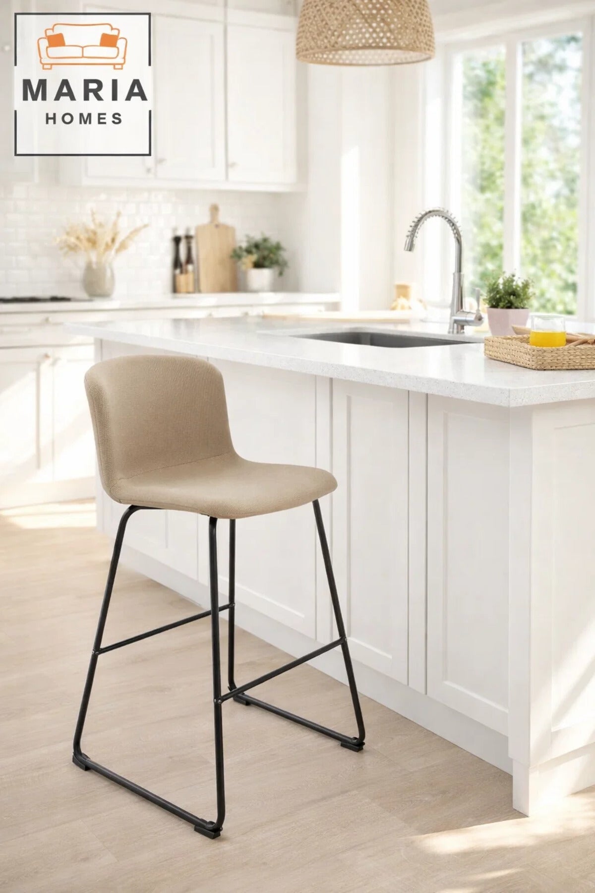 Beige Upholstered Bar Stool with Black Metal Frame √ê Modern Counter Chair