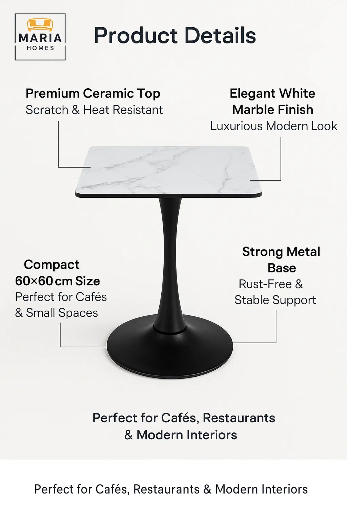 Rectangular White Dining Table √ê Modern Caf≈Ω, Restaurant, Office & Home Metal Furniture 60_60 cm