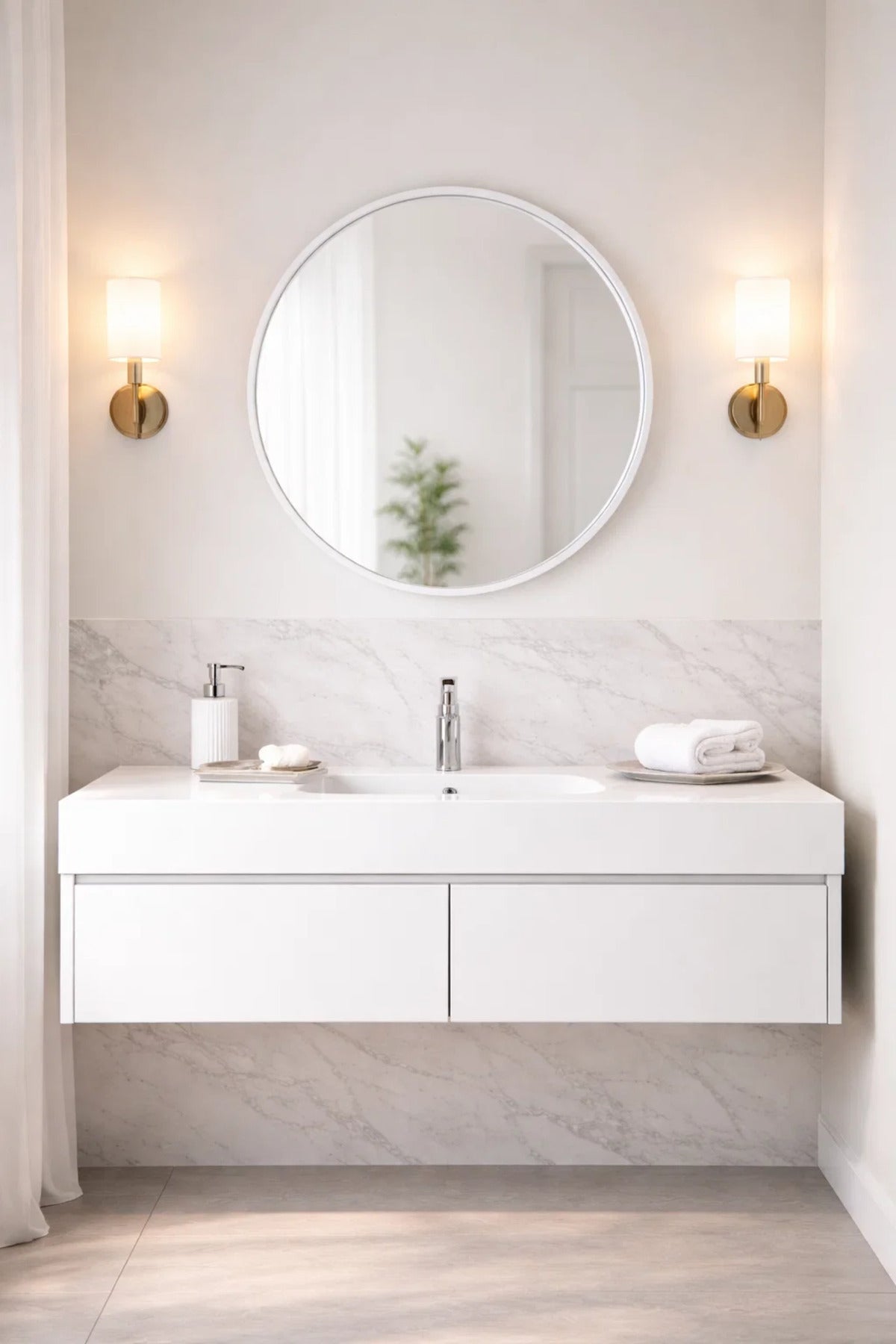 White Round Wooden Wall Mirror 70x70cm Modern Hanging Decor for Bathroom Entryway Bedroom Vanity