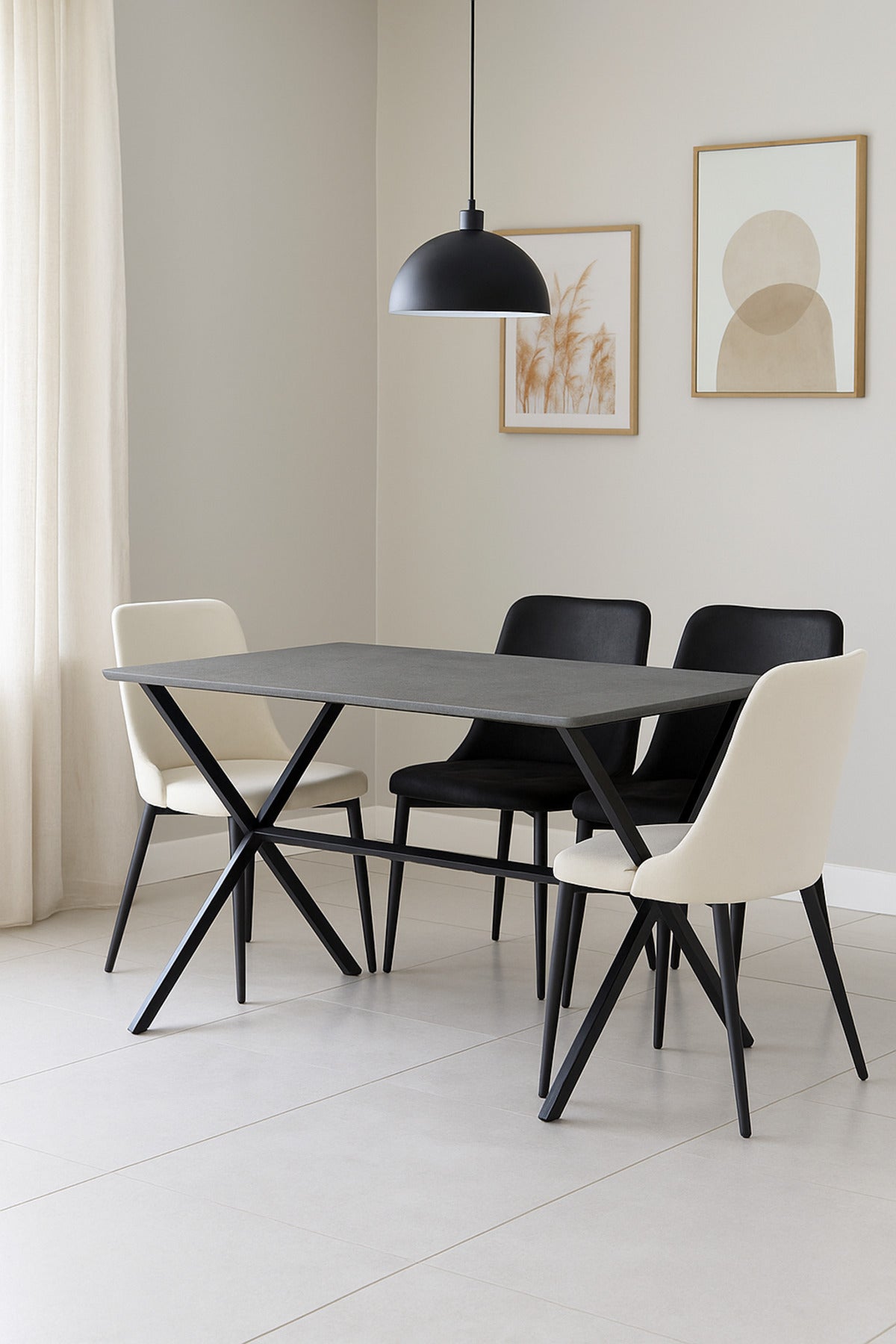 Modern Grey Dining Table Ð 150_90_77 cm | Stone Finish Tabletop with Black Cross Metal Legs