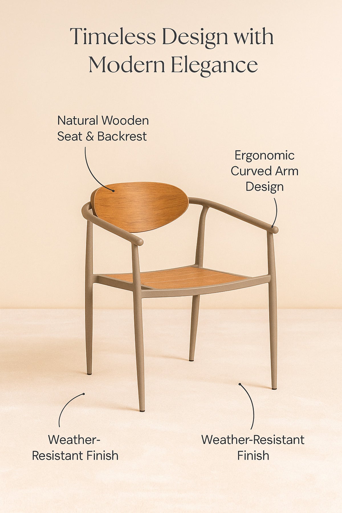 Champagne Metal and Wood Chair Modern Dining Armchair with Wooden Seat and Backrest for Home & CafŽ