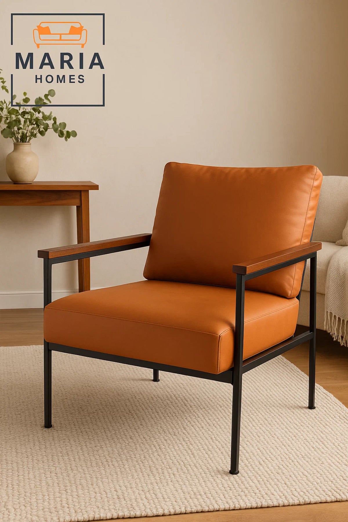 Orange Faux Leather Lounge Chair Ð Modern Armchair with Black Metal Frame & Wood Armrests
