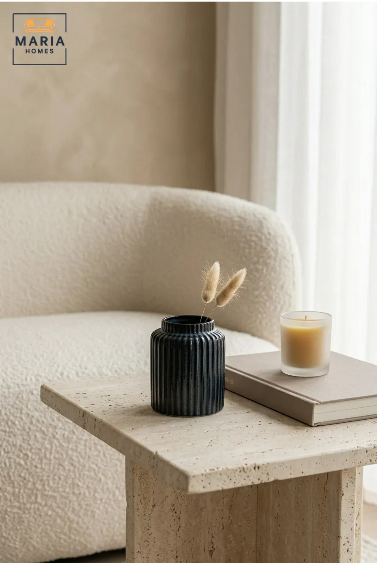 Blue Ribbed Decorative Vase, Modern Cylindrical Flower Holder with Wide Opening for Dried Flowers, Living Room, Bedroom, Office, Shelf and Table Décor