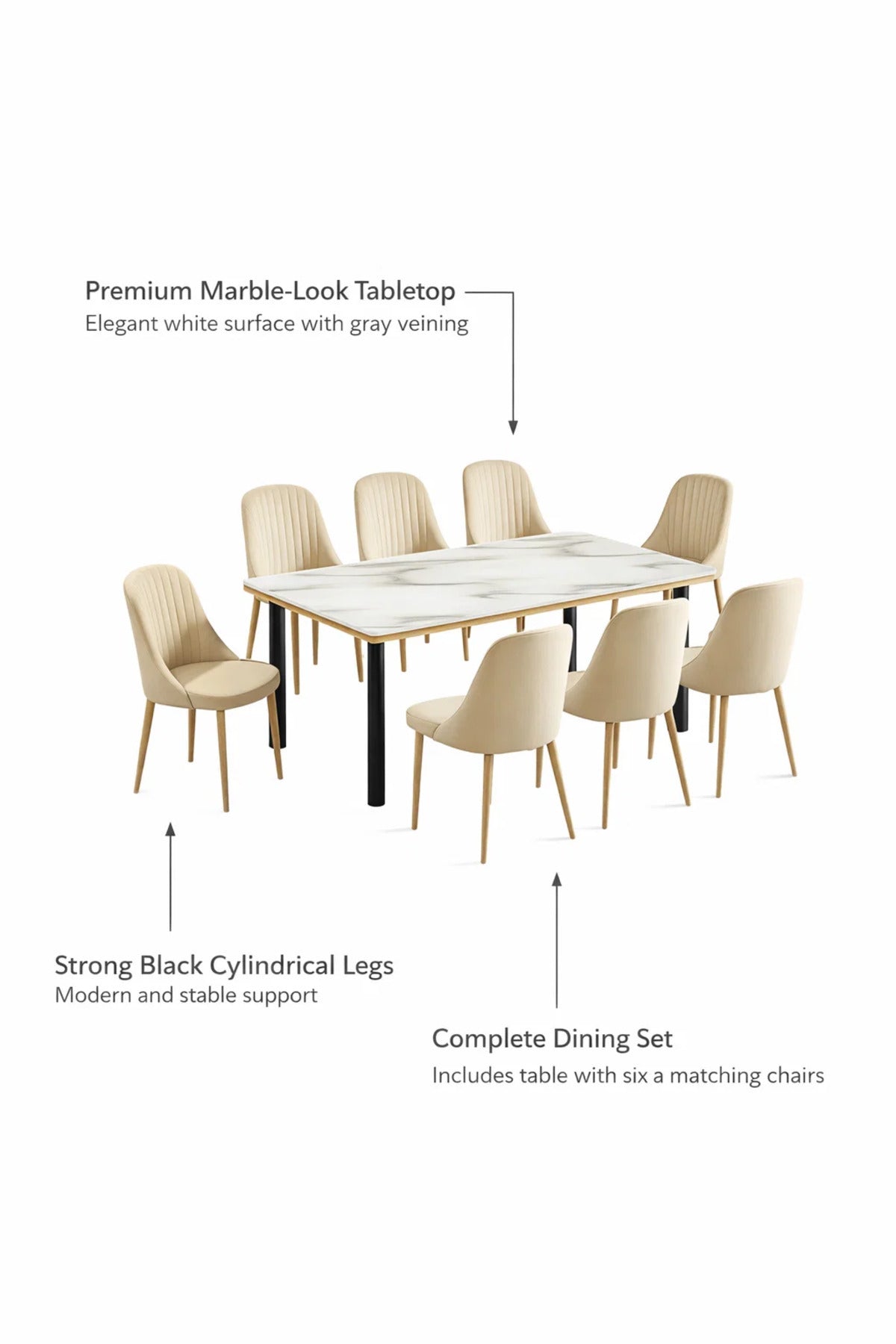 Elegant 9-Piece Dining Room Set with Marble Pattern Table and Eight Beige Velvet Upholstered Chairs