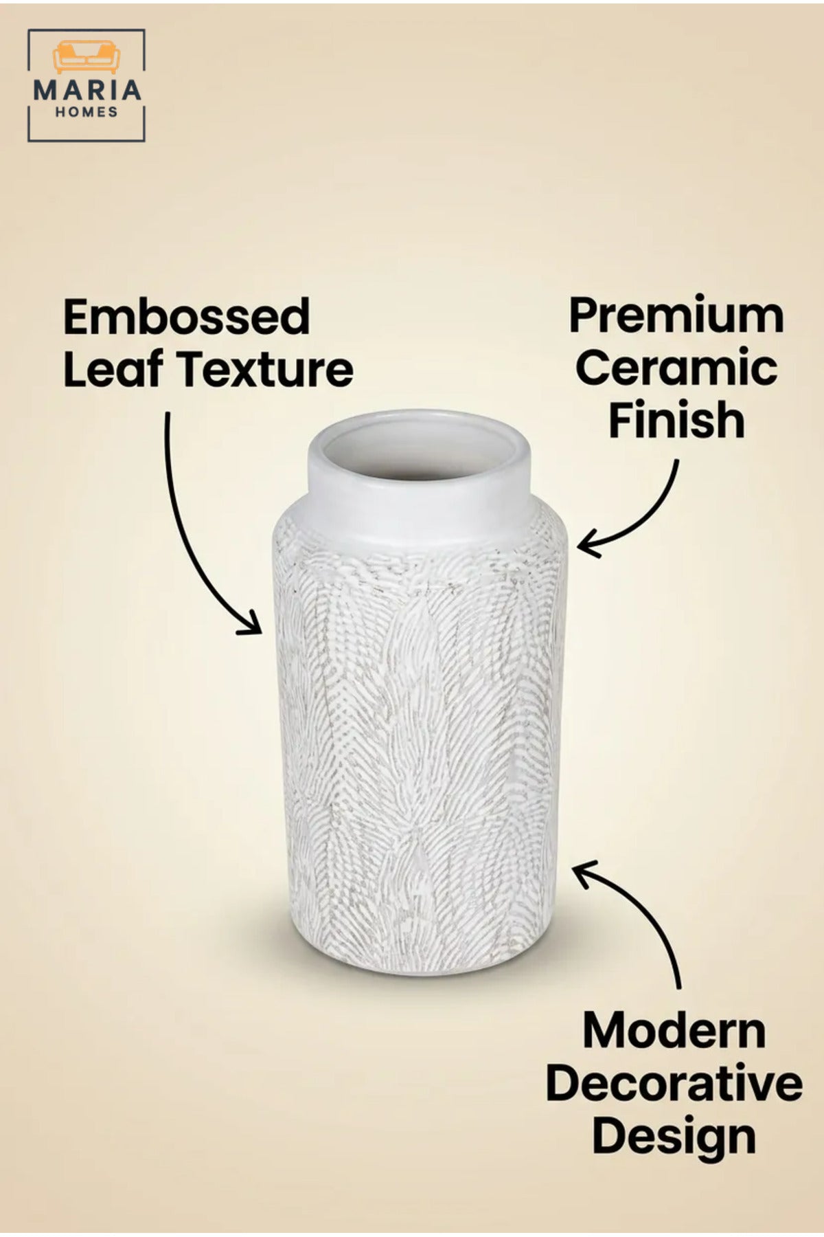 White Textured Decorative Vase, Modern Cylindrical Flower Holder with Embossed Leaf Design for Living Room, Bedroom, Office, Shelf and Table Décor