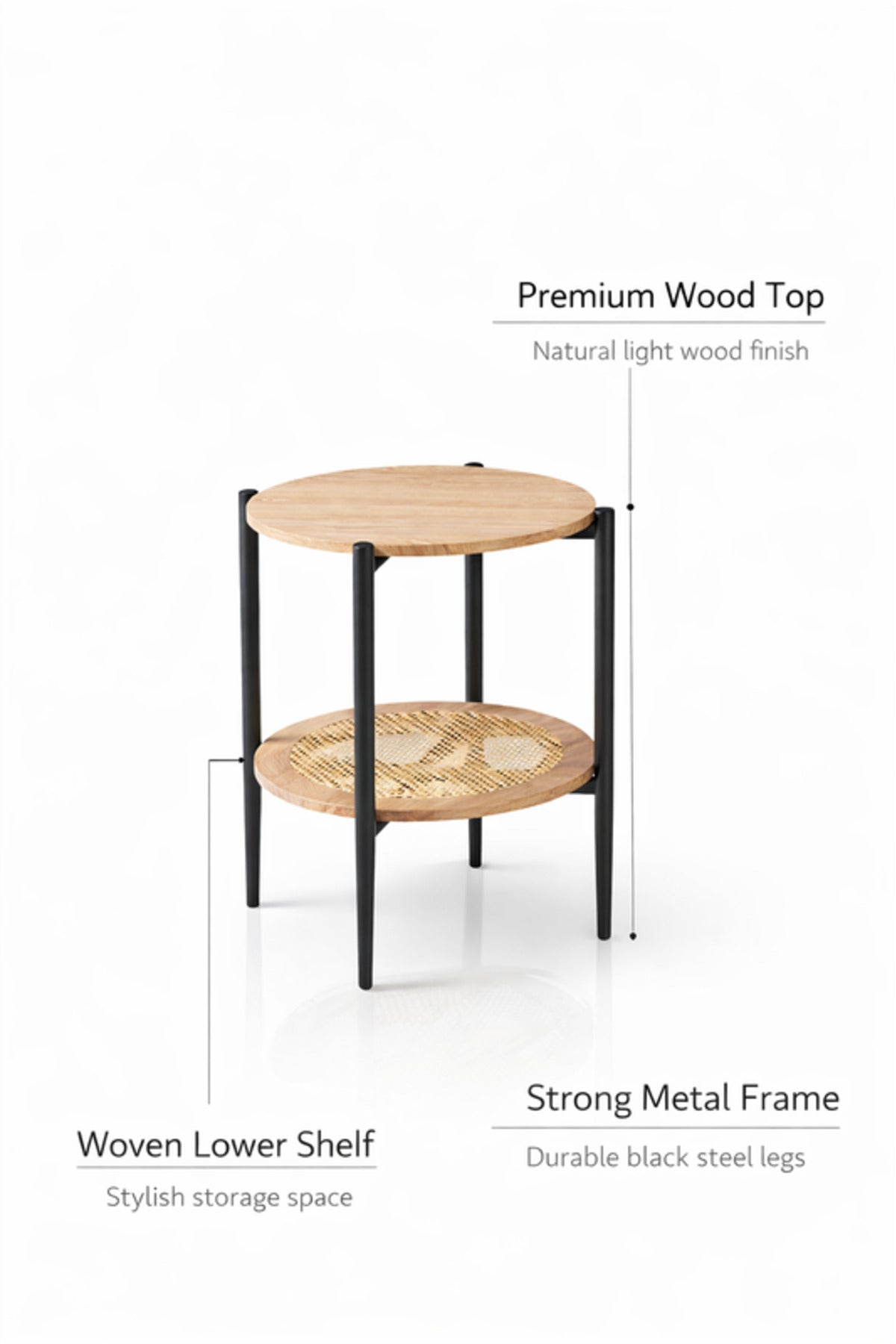 Modern Wood & Metal Side Table with Rattan Shelf √ê Compact Accent Table