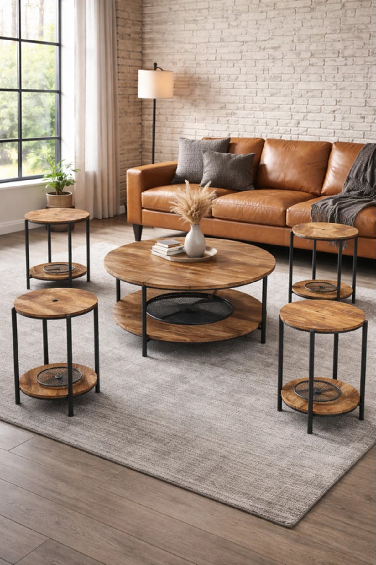 Modern 5-Piece BROWN A Concrete and Metal Coffee Table Set