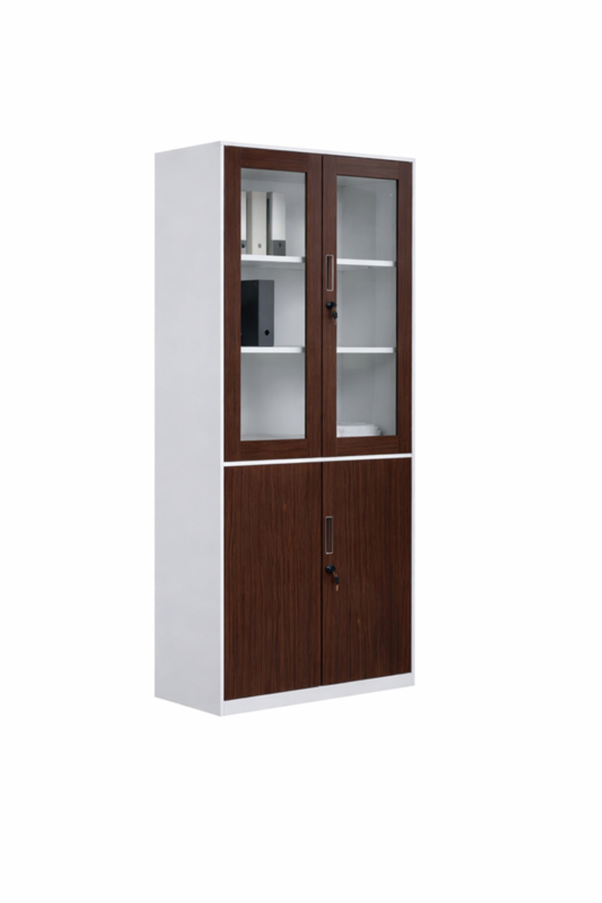 Modern Steel Office Wardrobe Cabinet Glass Doors Brown & White 185cm High Storage Organizer Unit