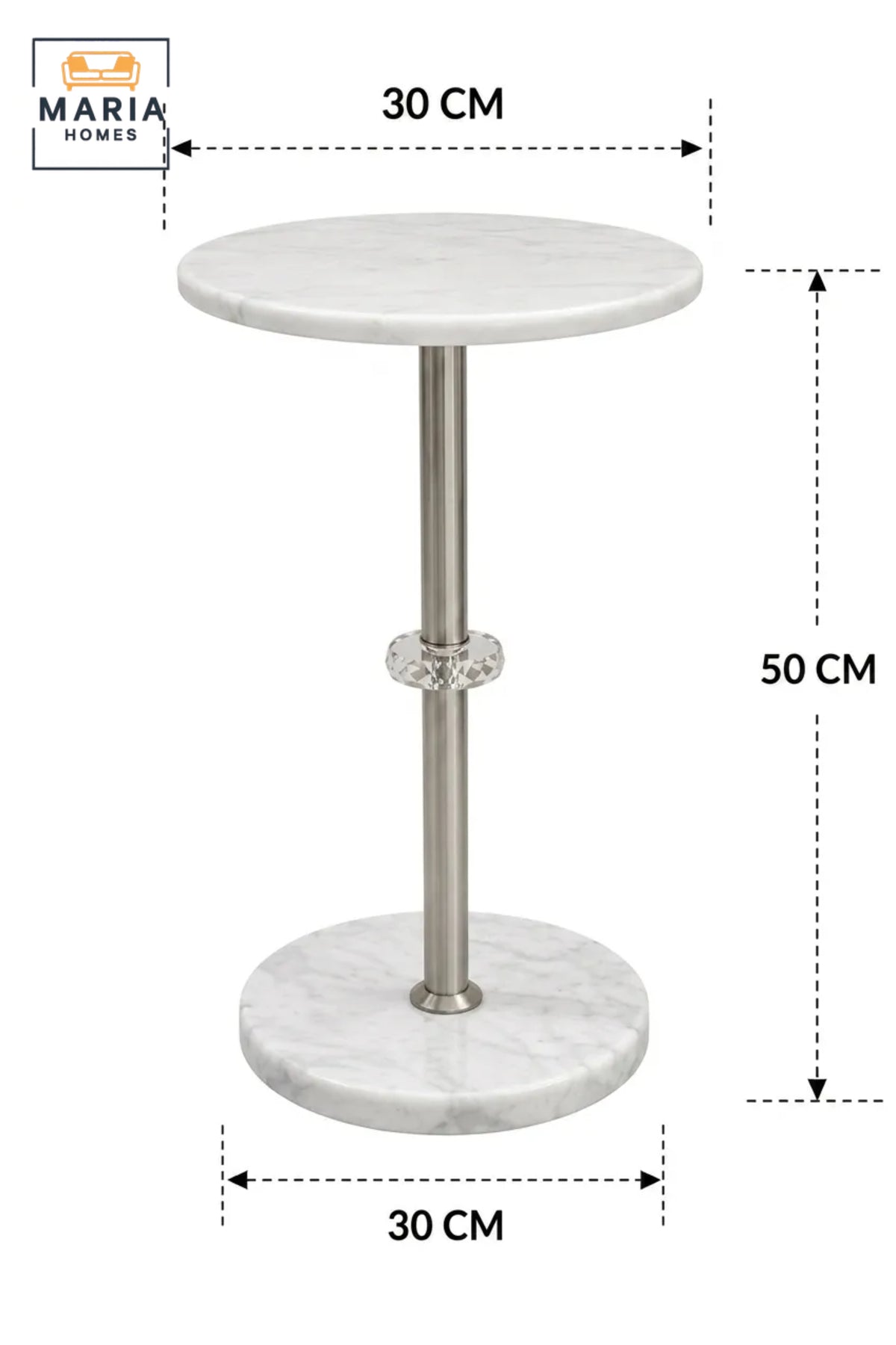 Luxury Round Marble Side Table with Crystal Accent and Brushed Nickel Frame √ê Modern End Table for Living Room, Bedroom & Lounge