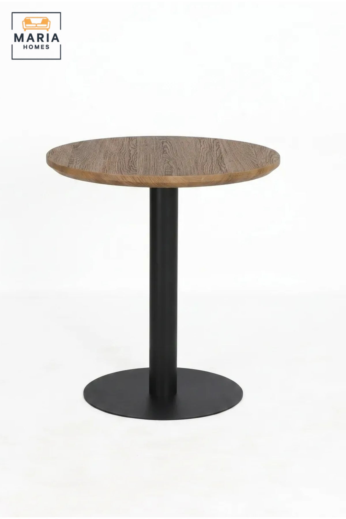 Modern Round Café Table with Wood-Effect Top and Black Pedestal Base for Coffee Shop, Restaurant, Bistro, Hotel and Indoor Dining Area