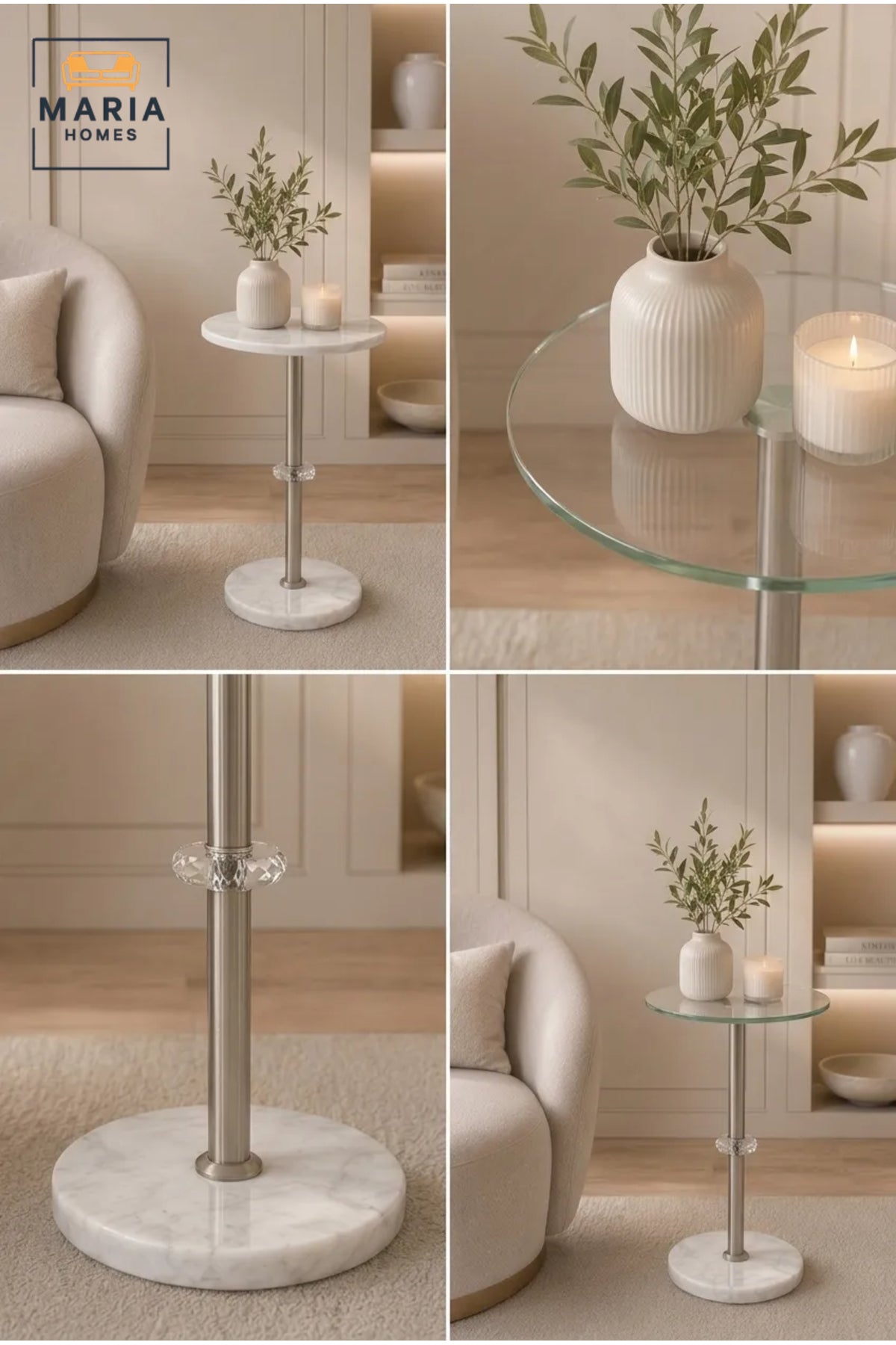 Luxury Round Marble Side Table with Crystal Accent and Brushed Nickel Frame √ê Modern End Table for Living Room, Bedroom & Lounge