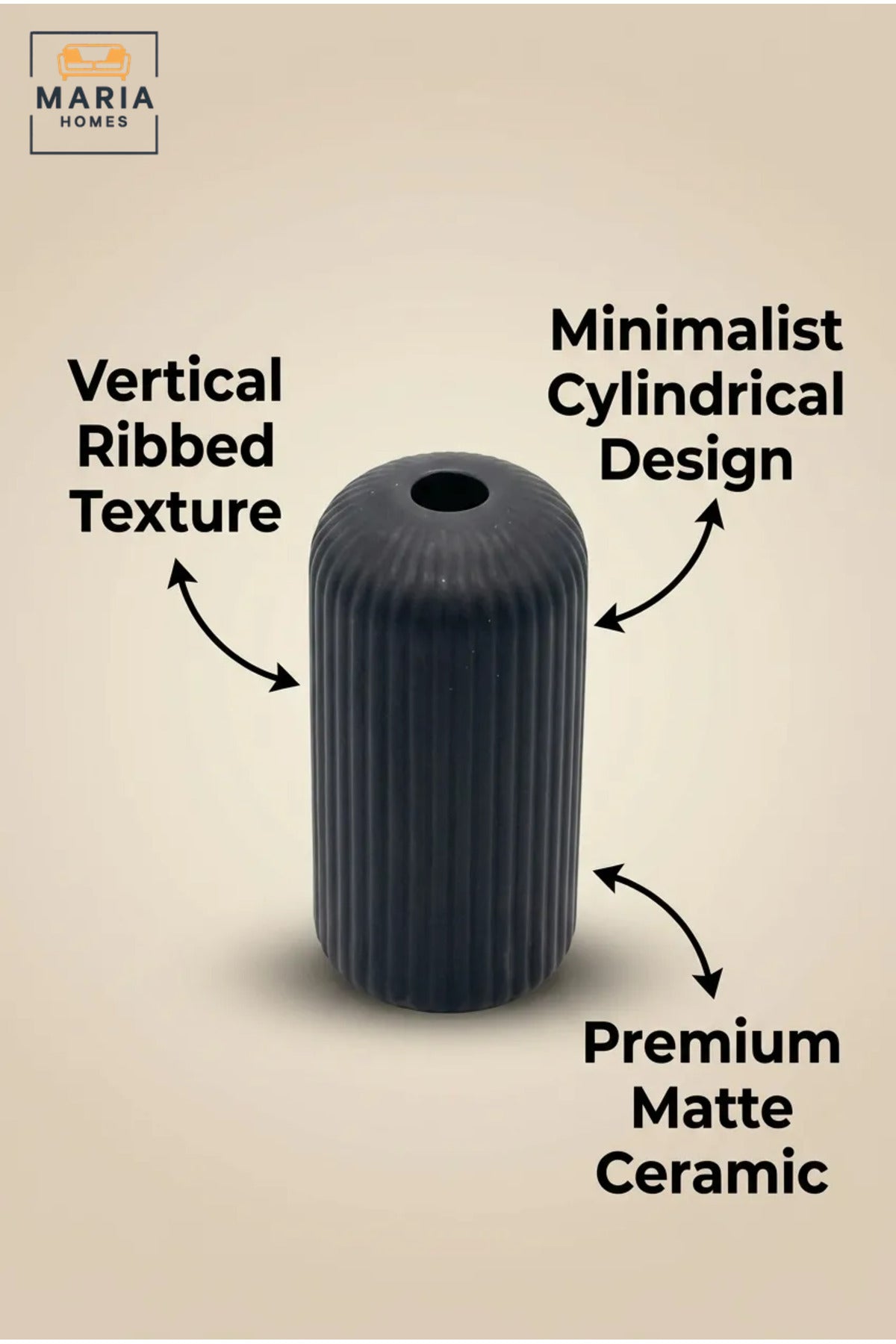 Black Ribbed Decorative Vase, Modern Cylindrical Flower Holder for Dried Flowers, Living Room, Bedroom, Office, Shelf and Table Décor