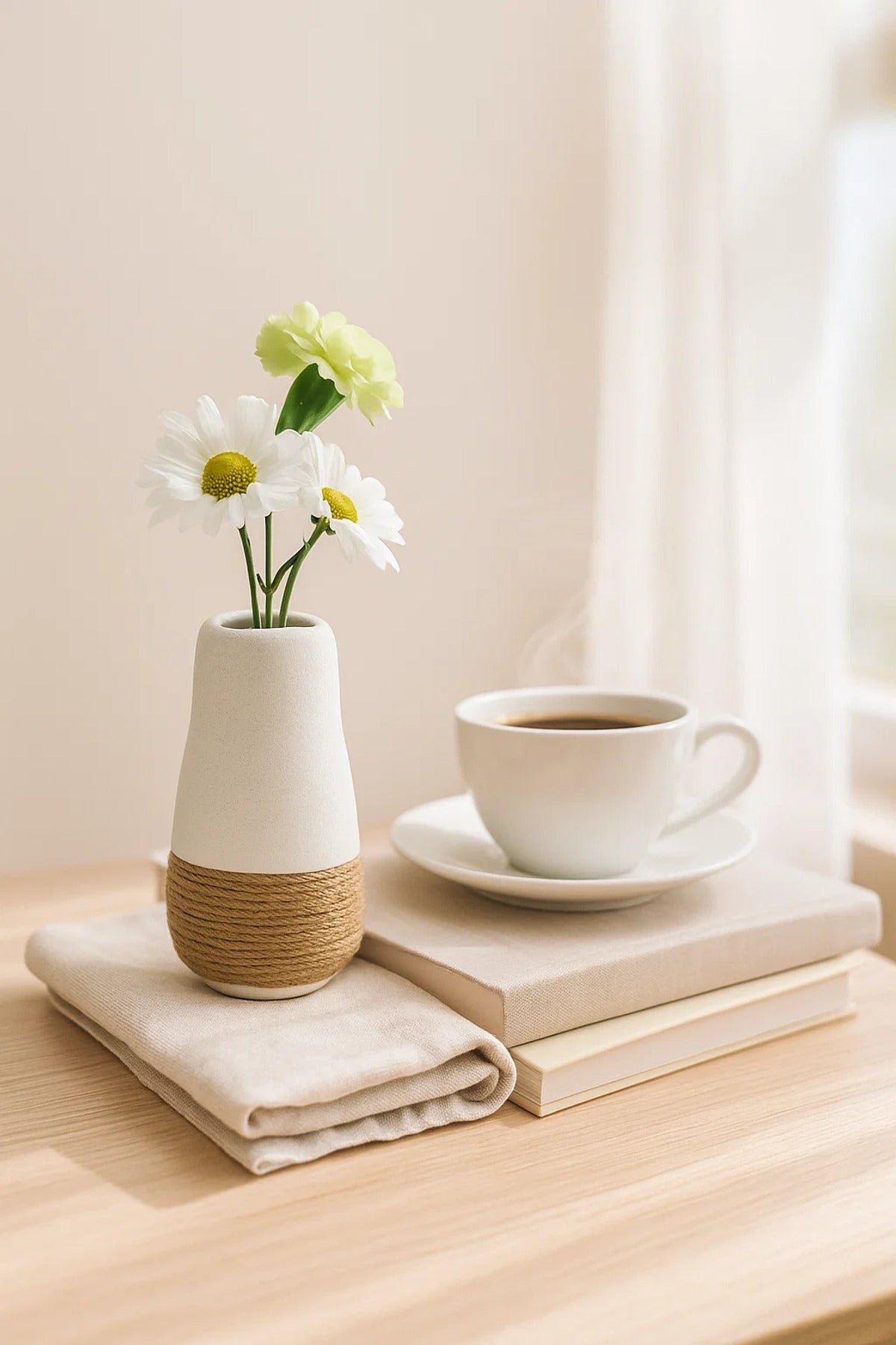 White Ceramic Tall Rope Vase Ð Modern Decorative Flower Pot for Home and Office DŽcor