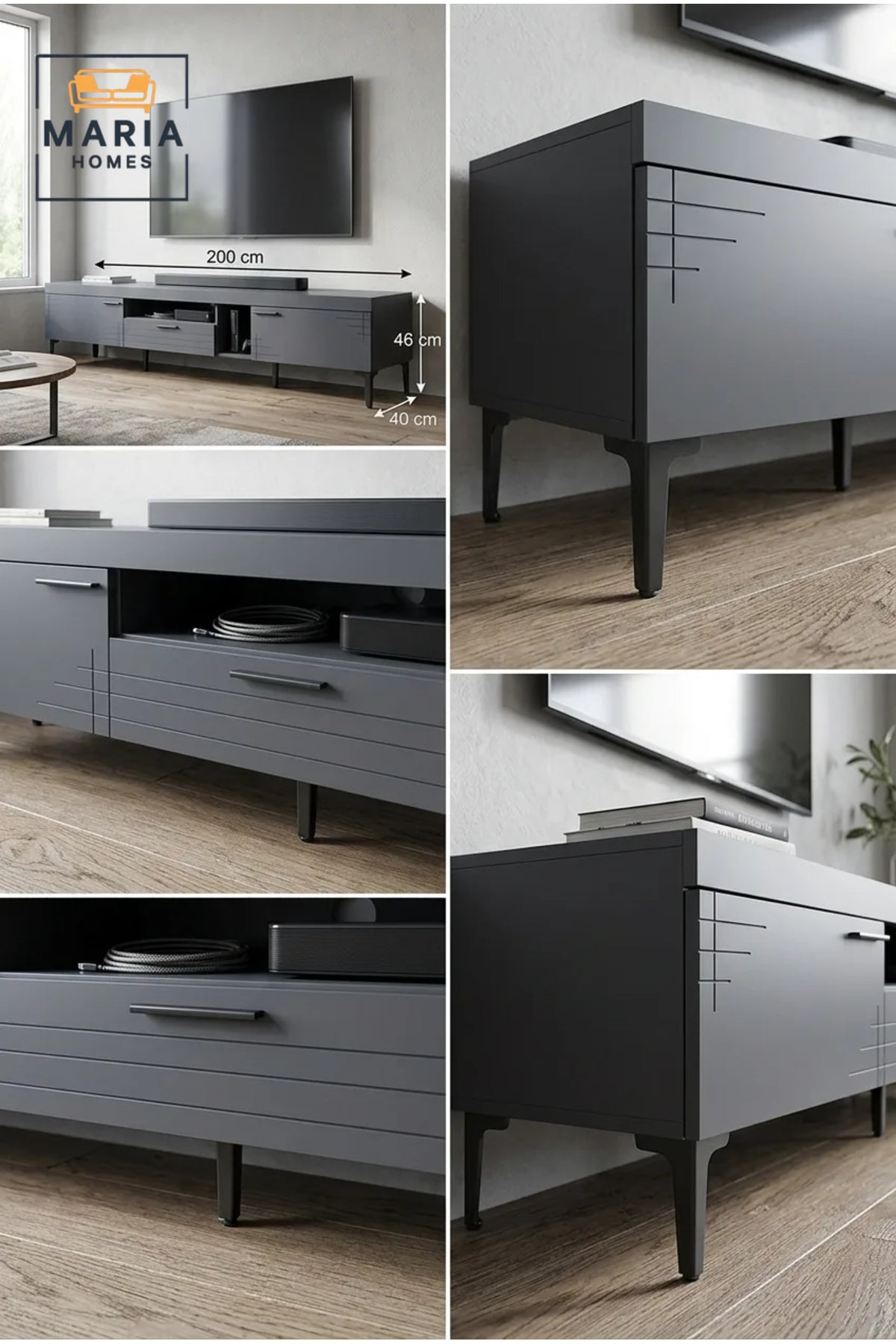 Modern Dark Grey TV Unit 200 _ 40 _ 46 cm √ê Entertainment Center with Storage Cabinets, Drawer and Open Shelves