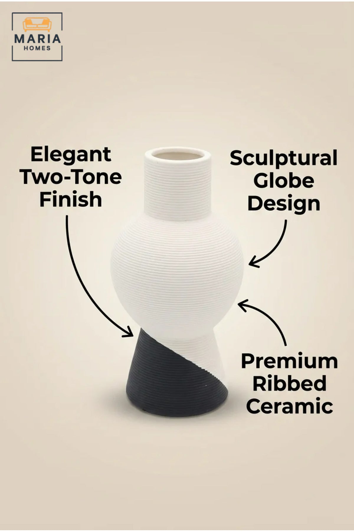 Modern Decorative Flower Vase with Two-Tone Abstract Design, Sculptural Curved Shape and Ribbed Texture for Living Room, Bedroom, Office and Console Décor
