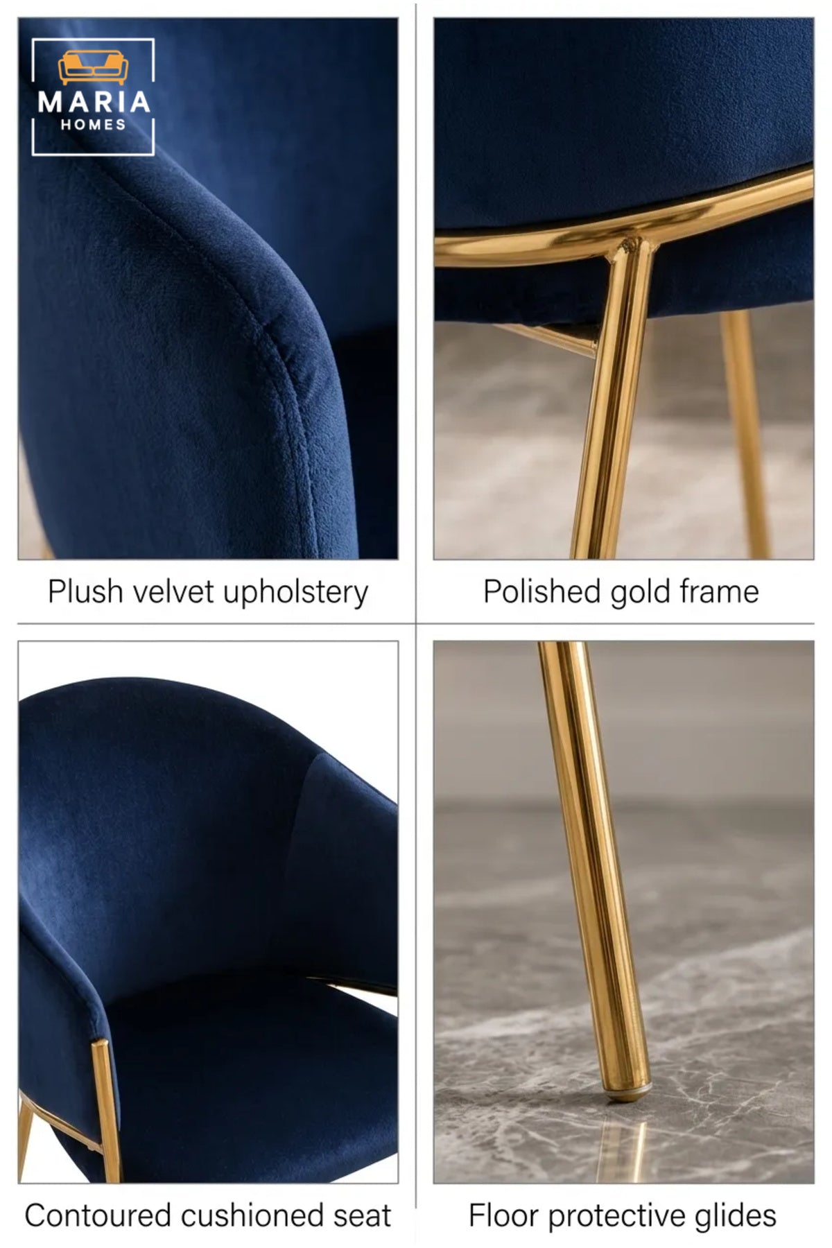 Navy Blue Velvet Accent Chair with Gold Metal Legs √ê Modern Upholstered Dining Chair for Living Room, Lounge & Dining Space