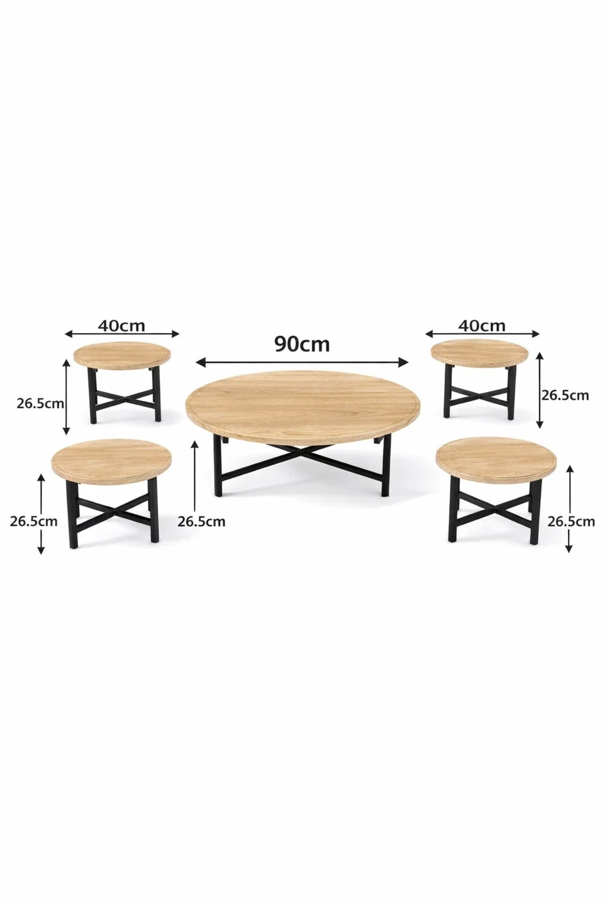 Modern Round Wood Center Table Set 1+4 with Black Metal Legs for Stylish Living Room Floor Use